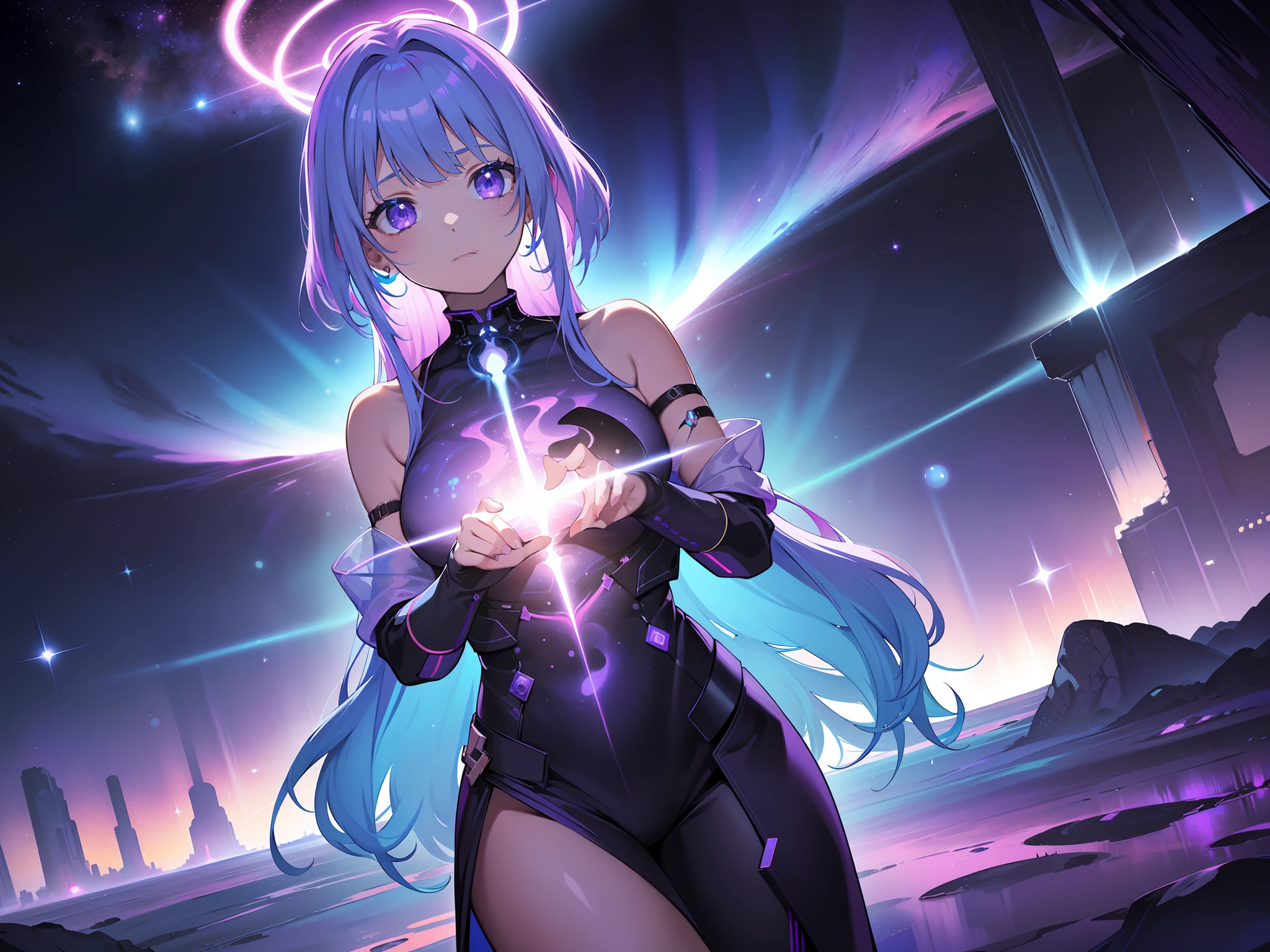1girl,(masterpiece:1.1), (best quality:1.1), cowboy shoy,Surreal , abstract ,galactic theme. vibrant and bold colors, ((color palette: deep blues, purples, and pinks )), glowing neon effect, stunning,otherworldly effect, swirling shapes and patterns, stars, planets, cosmic dust , universe. cute and gorgeous girl gazing out at the vast expanse of space, she has a halo of light, spiritual and mystical connection to the cosmos,dreamlike ,imaginative, (extreme detailed, highest detailed, official art, beautiful ,aesthetic),