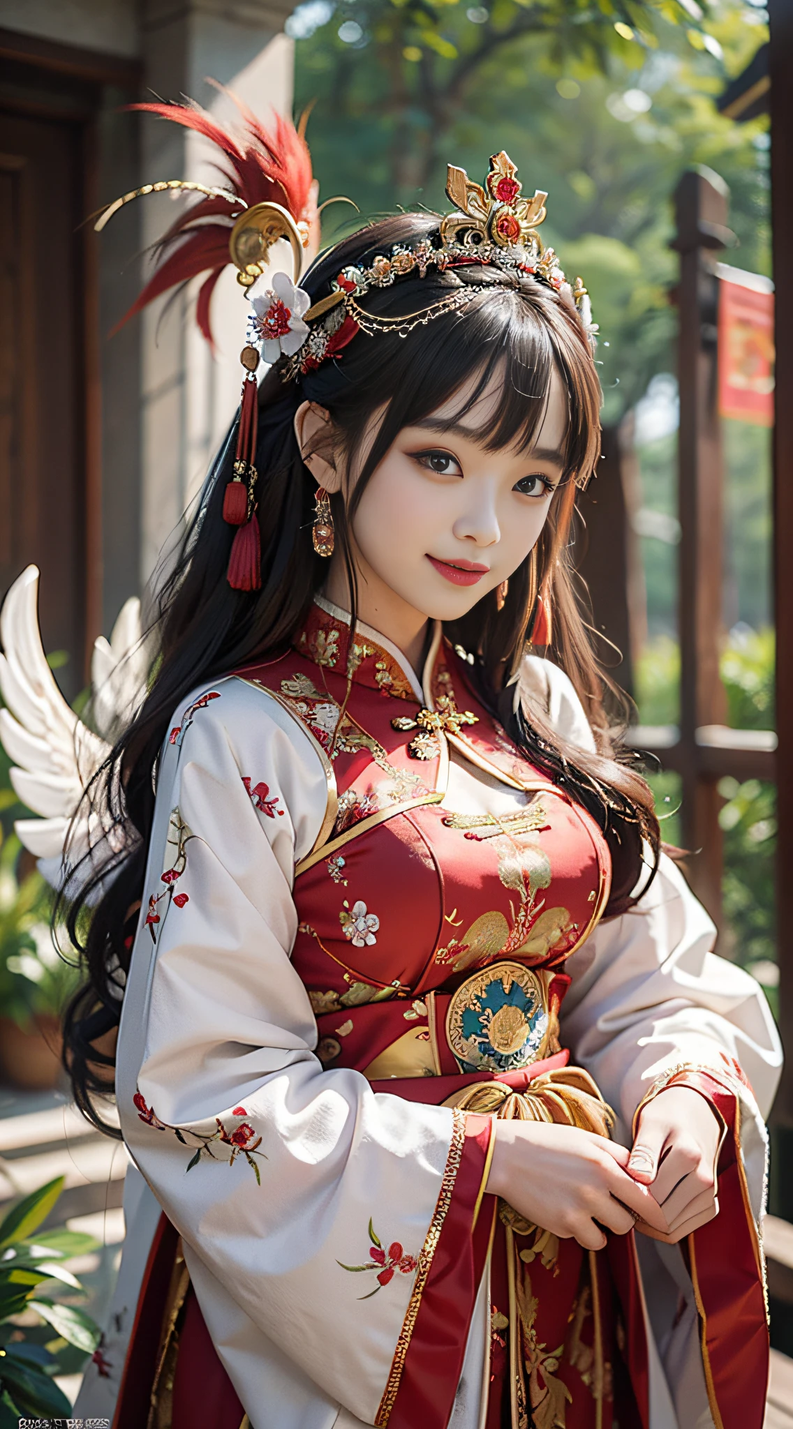 8k, RAW Photo, Best Quality,Beautiful Costume, antique bride with Chinese red Dress, Complex Costume, Traditional Beauty, Gorgeous Chinese Model, Chinese Costume,Wearing Phoenix Crown, Smile,Chinese ancient elements