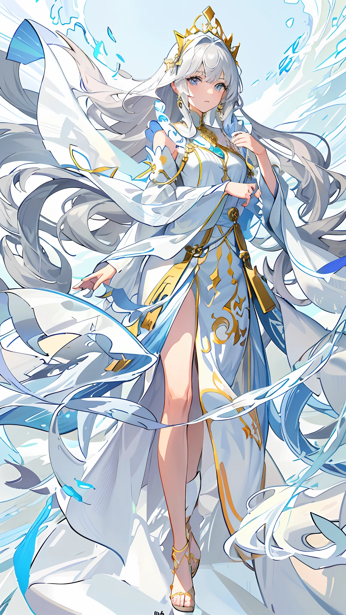 a drawing of a woman in a long dress with a fan, flowing white robes, flowing hair and long robes, flowing dress, flowing magical robe, wearing a flowing dress, flowing fabric, silk flowing in wind, flowing robes, draped in flowing fabric, flowing white hair, flowing gown, flowing material, clean anime outlines, flowing cape, flowing robe, intense line art