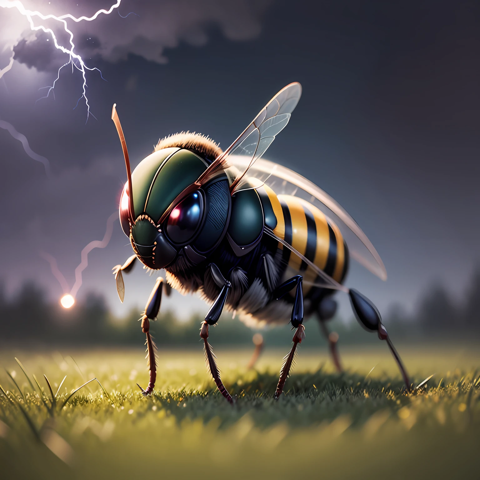 natural realistic wasp on grass under a dark sky with lightning in the background --auto --s2