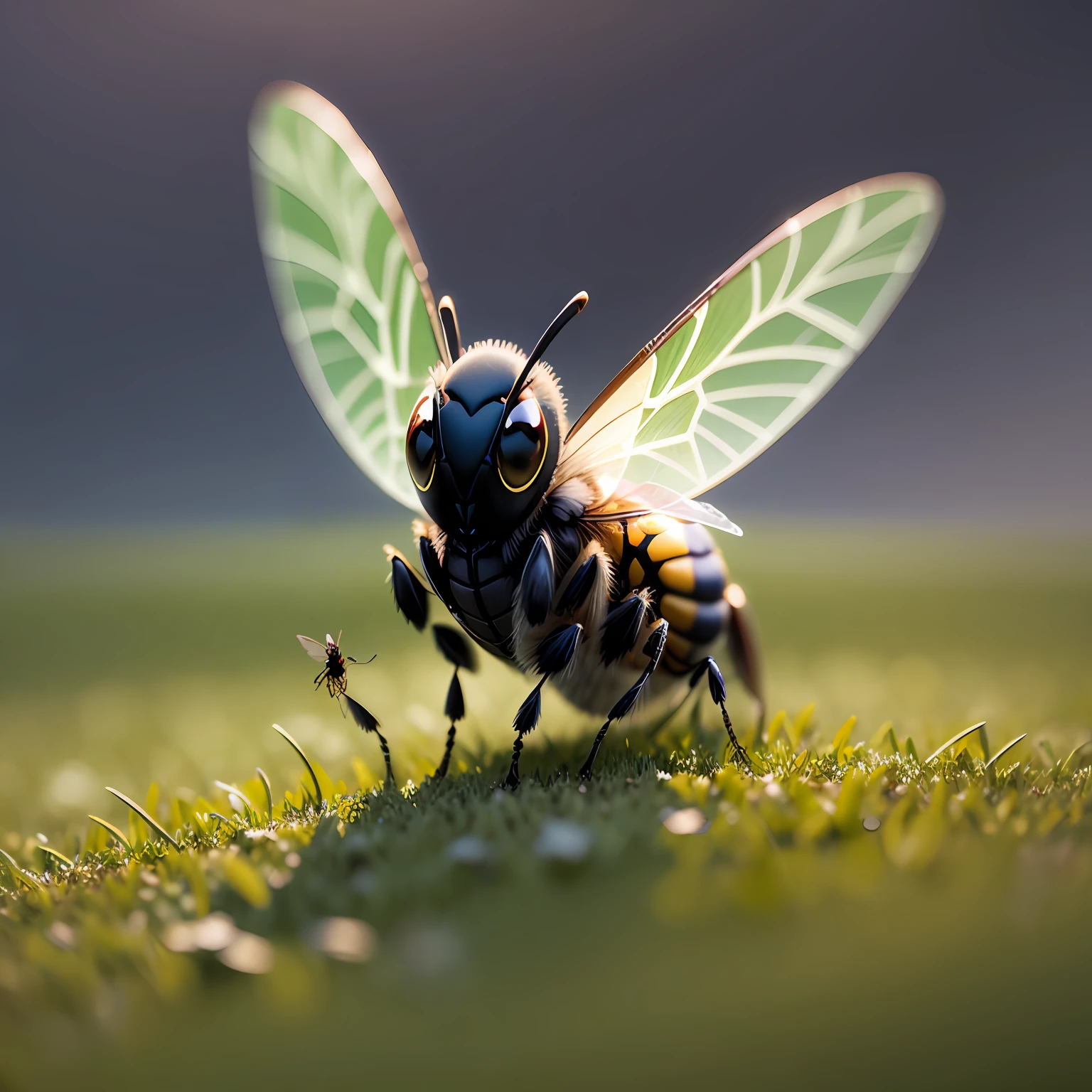 natural realistic wasp on grass under a dark sky with lightning in the background --auto --s2
