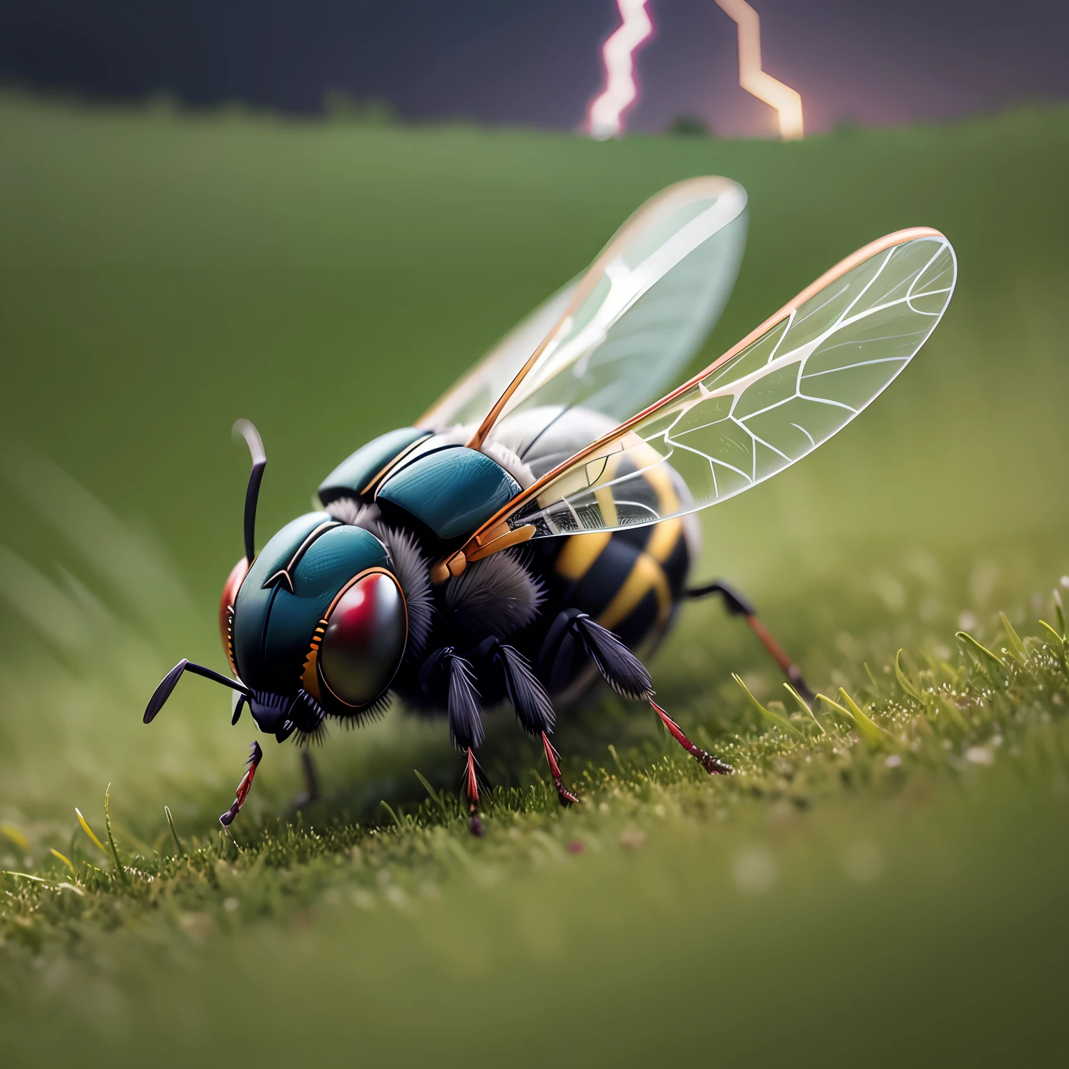 natural realistic wasp on grass under a dark sky with lightning in the background --auto --s2