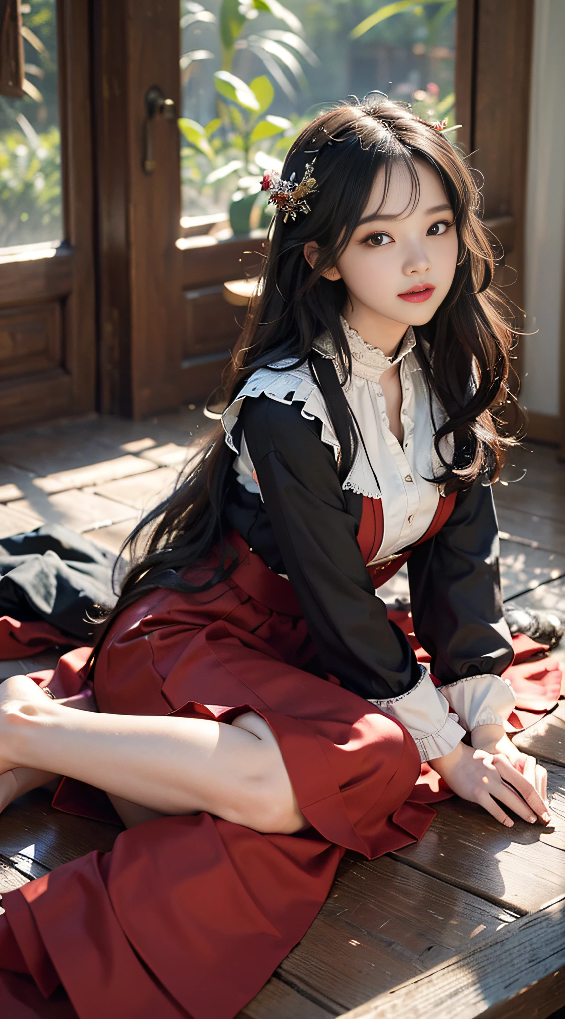 +(((masterpiece))), best quality, ultra-detailed, extremely detailed CG unity 8k wallpaper,best illustration, an extremely delicate and beautiful,floating,high resolution, close up portrait, full body, exquisite facial features, prefect face, 1girl, ((black long hair:1.2)), sitting, ((red skirt)), full body, indoor, light smile