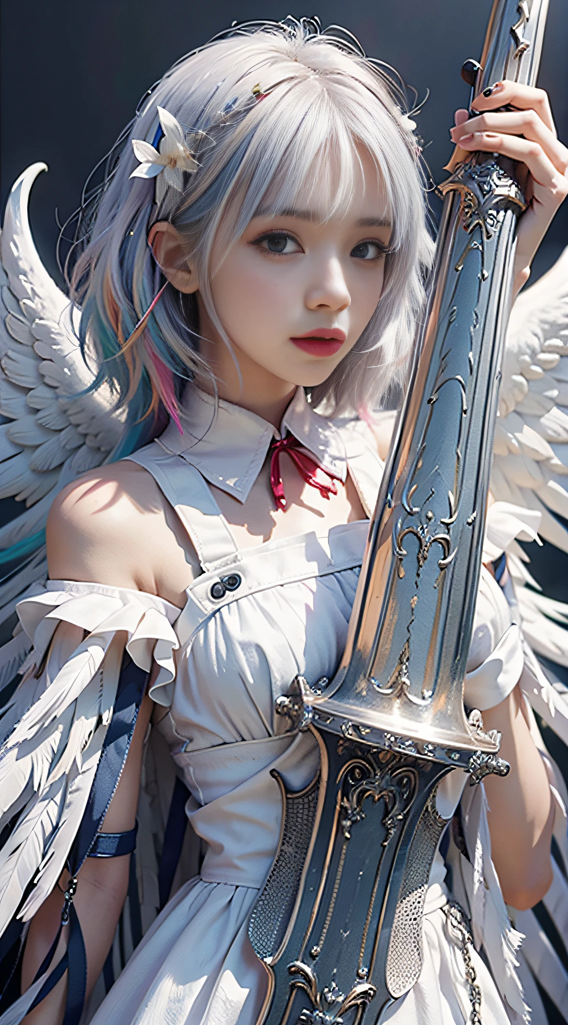 +1 angel ,white wing,colorful hair ,colorful clothing ,Angel Sword