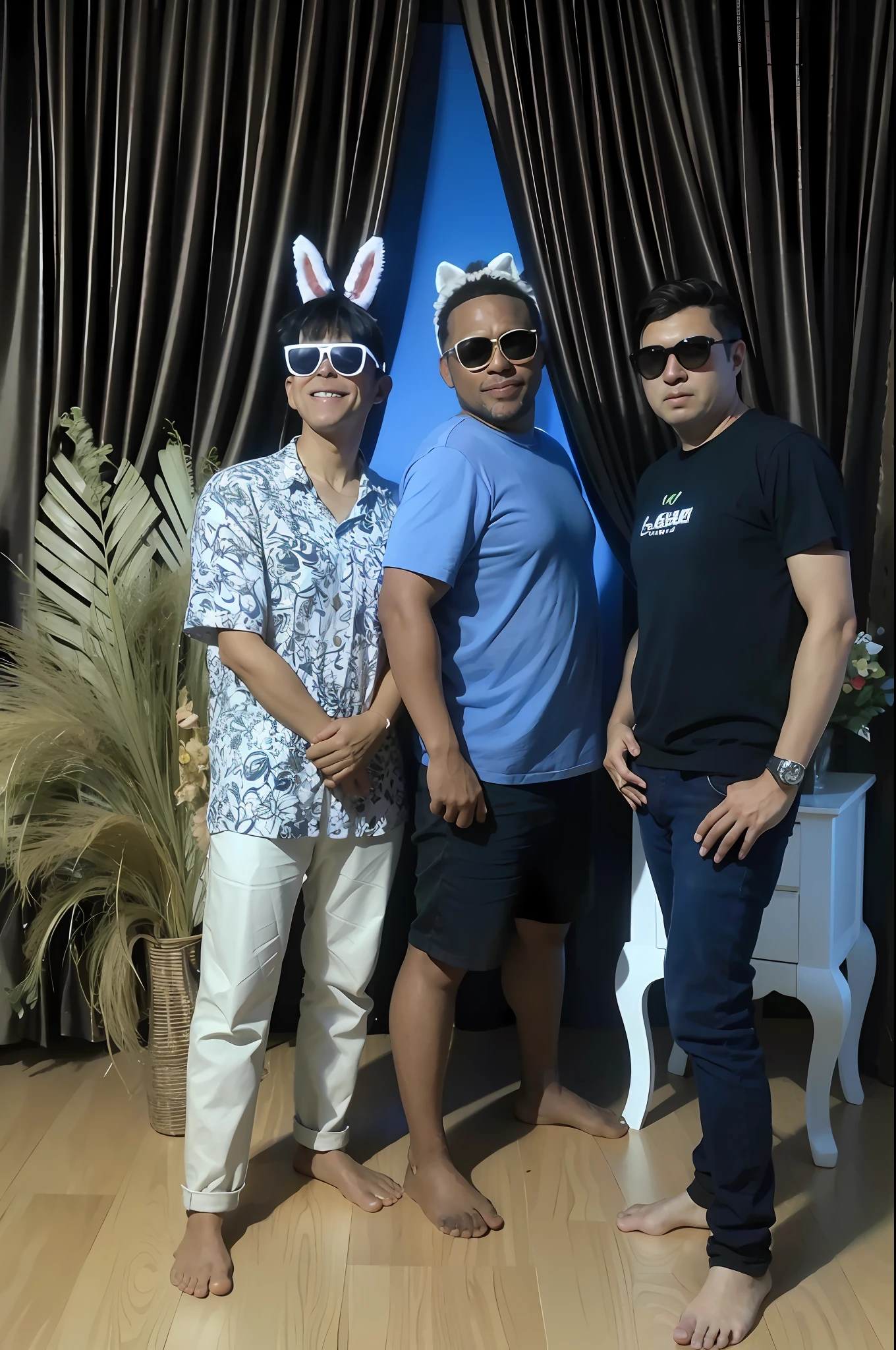 three men in bunny ears and sunglasses standing next to each other, with big rabbit ears, with bunny rabbit ears, with bunny ears, photo booth, backdrop, vacation photo, taken with canon 8 0 d, casual photography, photo taken in 2 0 2 0, shot on canon eos r5, shot on canon eos r 5, with sunglass