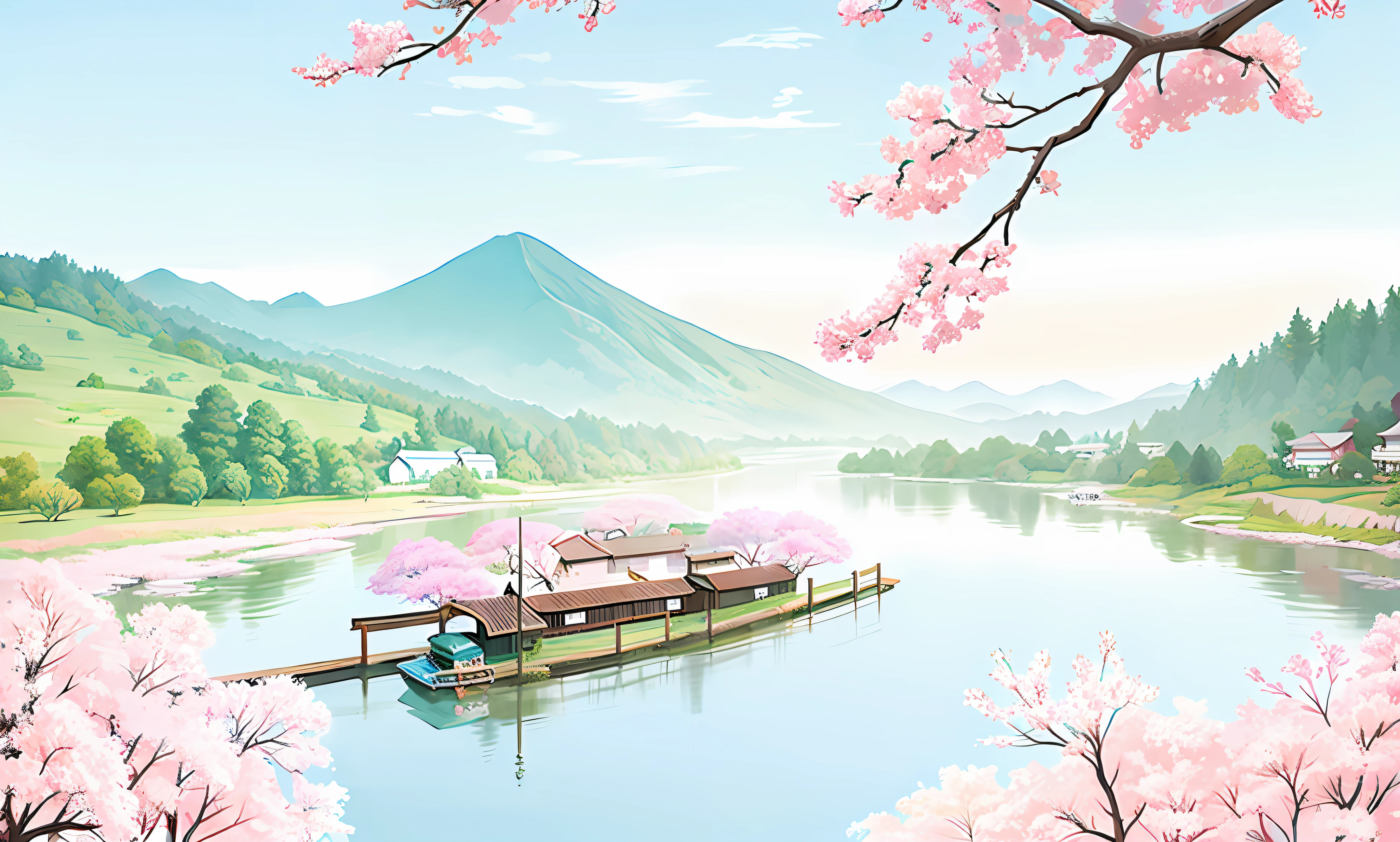 painting of a boat on a river with a hut in the middle, chinese watercolor style, chinese painting style, japanese style painting, scenery artwork, chinese style painting, beautiful digital art, anime beautiful peace scene, nature painting, scenery art detailed, very beautiful digital art, watercolor digital painting, beautiful wallpaper, traditional japanese painting, japanese painting, dream scenery art, a beautiful artwork illustration