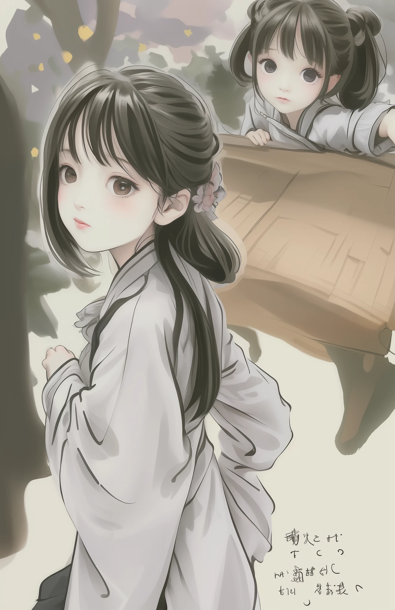 ((masterpiece)), ((best quality))), (character design sheet, same character, front, side, back), Illustration, 1 little girl, cute, hair color, bangs, hairstyle fax, eyes, environment change, hairstyle fax, pose zitai, female, shirt chinoiserie, stars, charturnbetalora, (simple background, white background: 1.3)