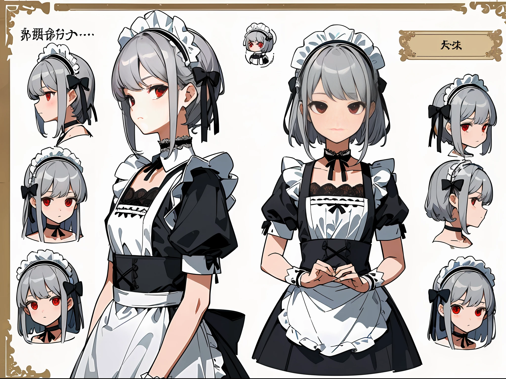 (Masterpiece, Best Quality) Detailed, Character Sheet, Character sheet, Many Items (Same Man, Maid Headdress, Maid Apron, Lace Choker, Bow, Ornamentation, Many Parts), Maid, Red Eyes, Cute, Gray Hair, Bangs, Full of Details, Multiple Poss and Expressions,