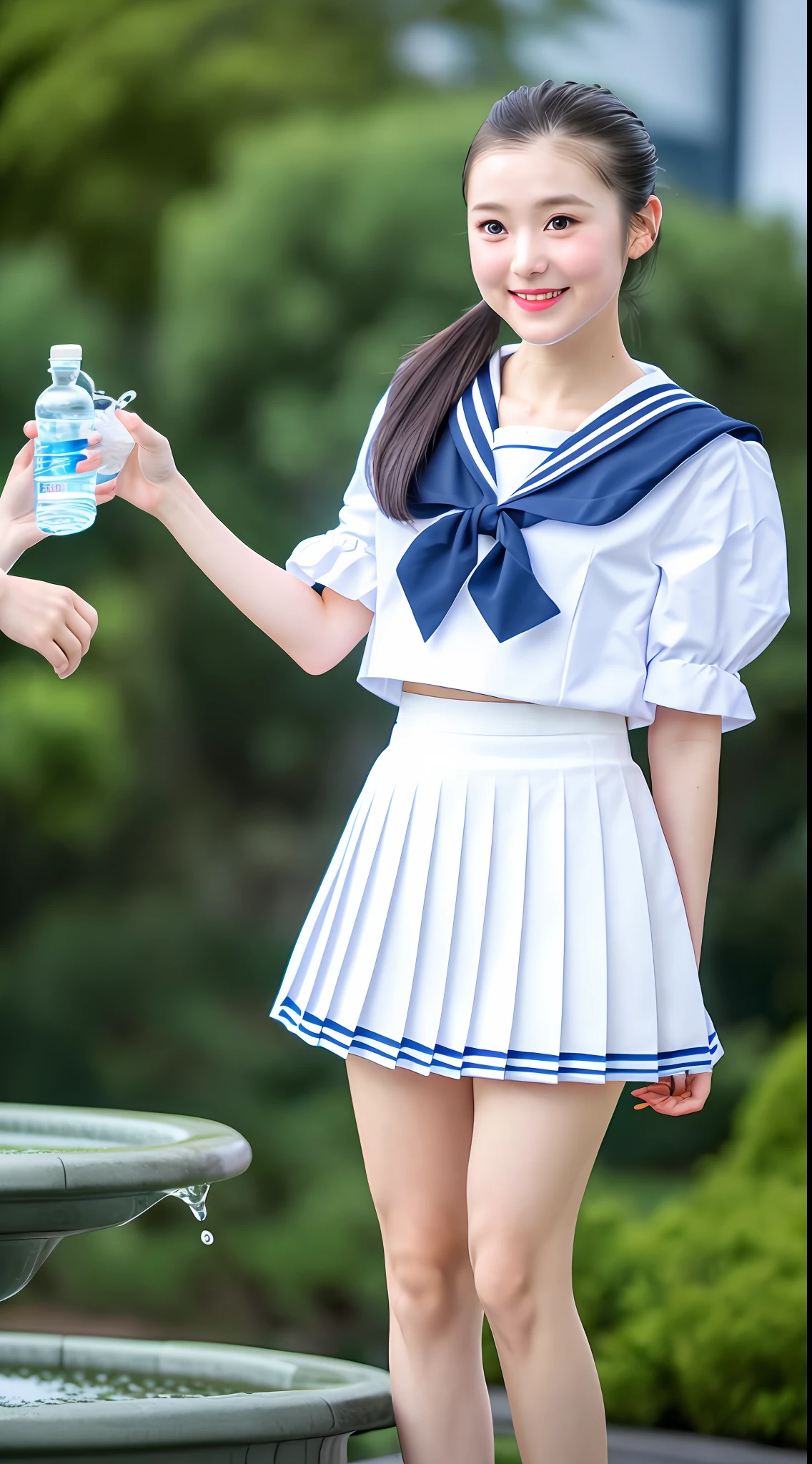 Realistic photos of shoulder length hair, ponytail, thin makeup, (small), fountain, clear facial features, 8K high resolution, sharp and realistic details, full body, high school uniform, white skin, white sailor suit, mini skirt, pleated skirt, f/4.0, 135mm, Fujifilm, jpeg artifact, dithering, UHD, masterpiece, wind, cherry, blur, ( Skirt lift), pinch the hem of the skirt with your hand, pull it up cutely, (illusion) A bottle of water gushes out vigorously from the crotch like pee, peeing, show off,