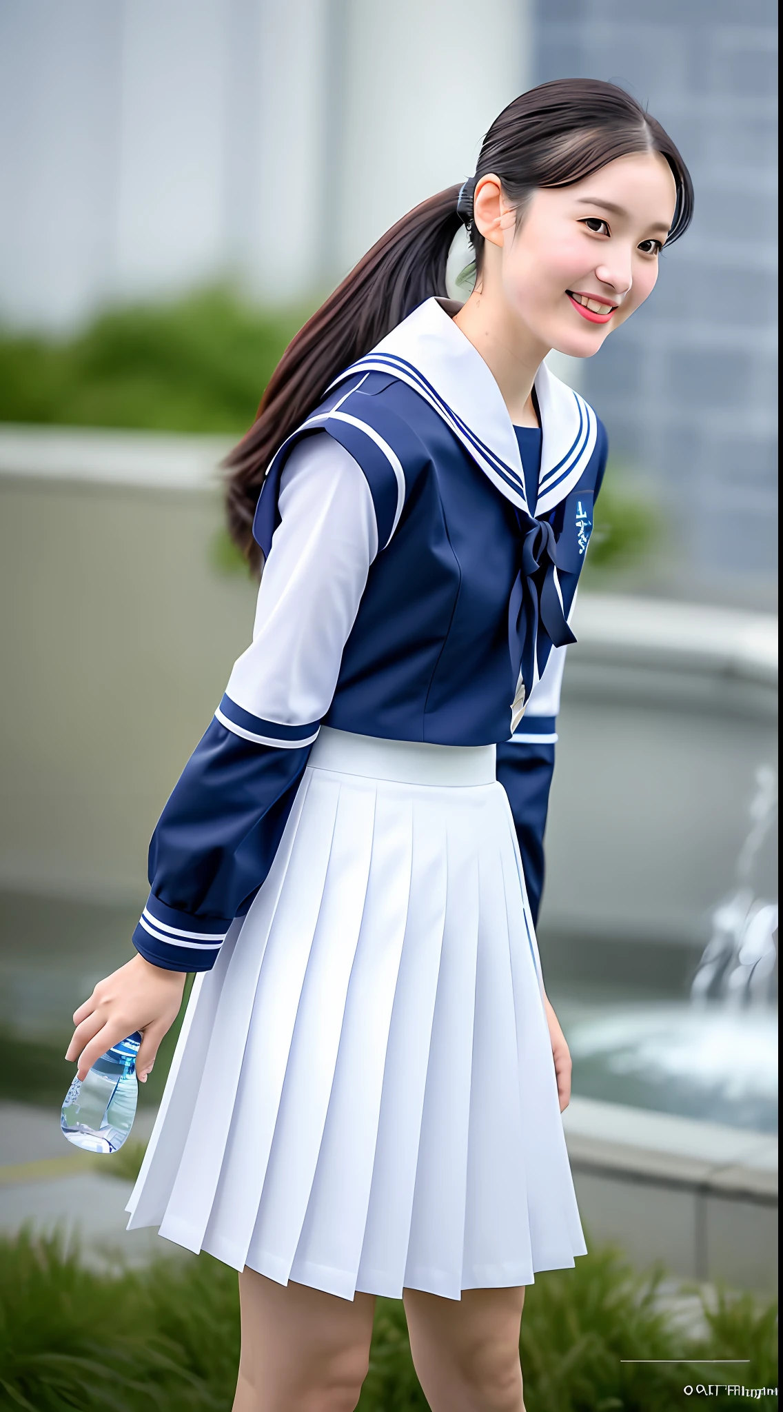Realistic photos of shoulder length hair, ponytail, thin makeup, (small), fountain, clear facial features, 8K high resolution, sharp and realistic details, full body, high school uniform, white skin, white sailor suit, mini skirt, pleated skirt, f/4.0, 135mm, Fujifilm, jpeg artifact, dithering, UHD, masterpiece, wind, cherry, blur, ( Skirt lift), pinch the hem of the skirt with your hand, pull it up cutely, (illusion) A bottle of water gushes out vigorously from the crotch like pee, peeing, show off,