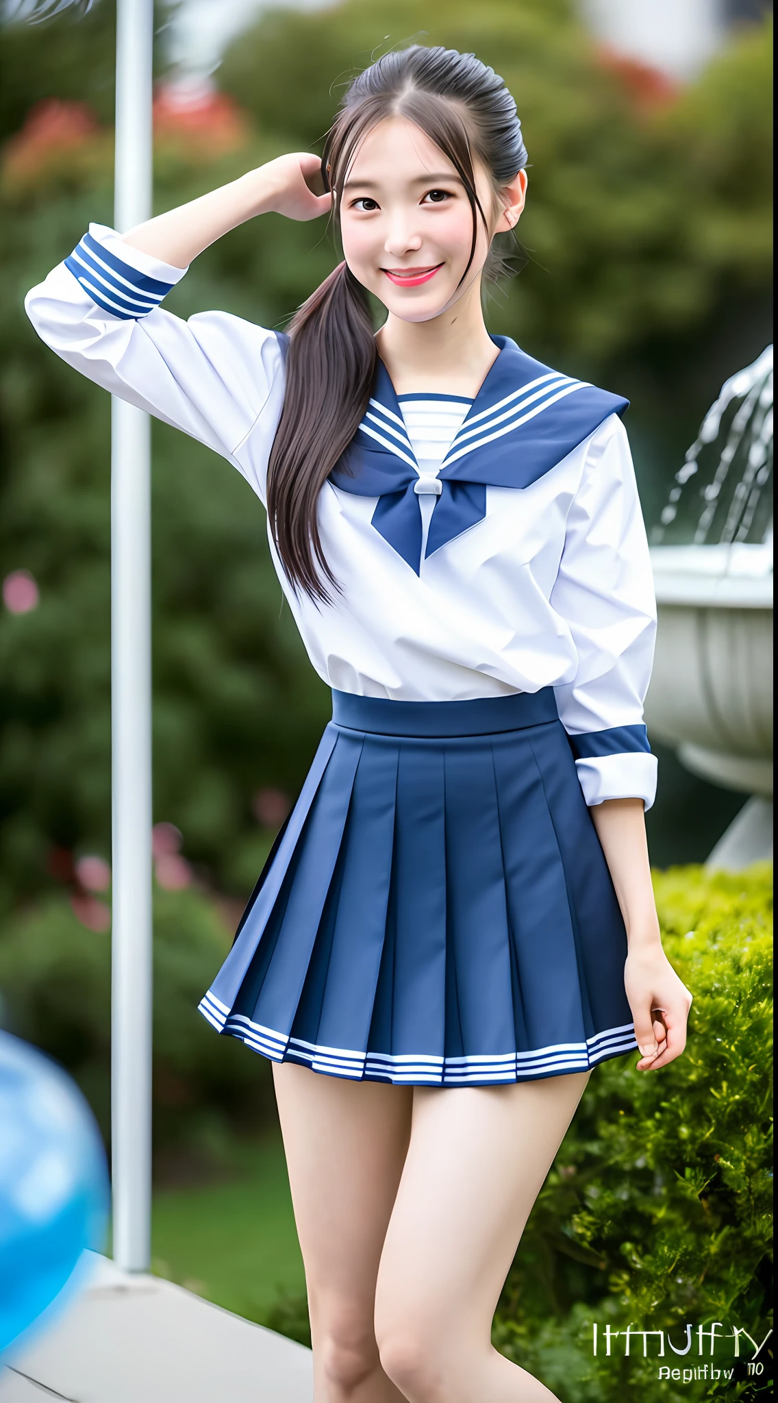 Realistic photos of shoulder length hair, ponytail, thin makeup, (small), fountain, clear facial features, 8K high resolution, sharp and realistic details, full body, high school uniform, white skin, white sailor suit, mini skirt, pleated skirt, f/4.0, 135mm, Fujifilm, jpeg artifact, dithering, UHD, masterpiece, wind, cherry, blur, ( Skirt lift), pinch the hem of the skirt with your hand, pull it up cutely, (illusion) A bottle of water gushes out vigorously from the crotch like pee, peeing, show off,