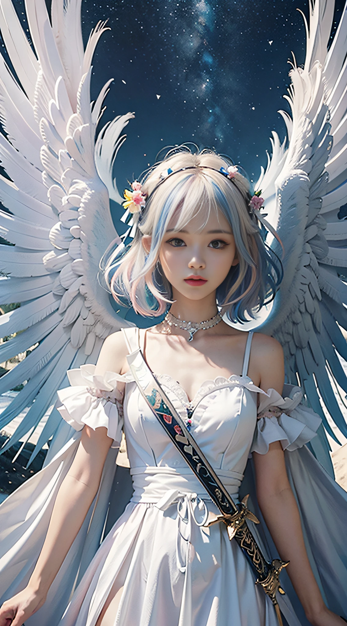 +1 angel ,white wing,colorful hair ,colorful clothing ,Angel Sword