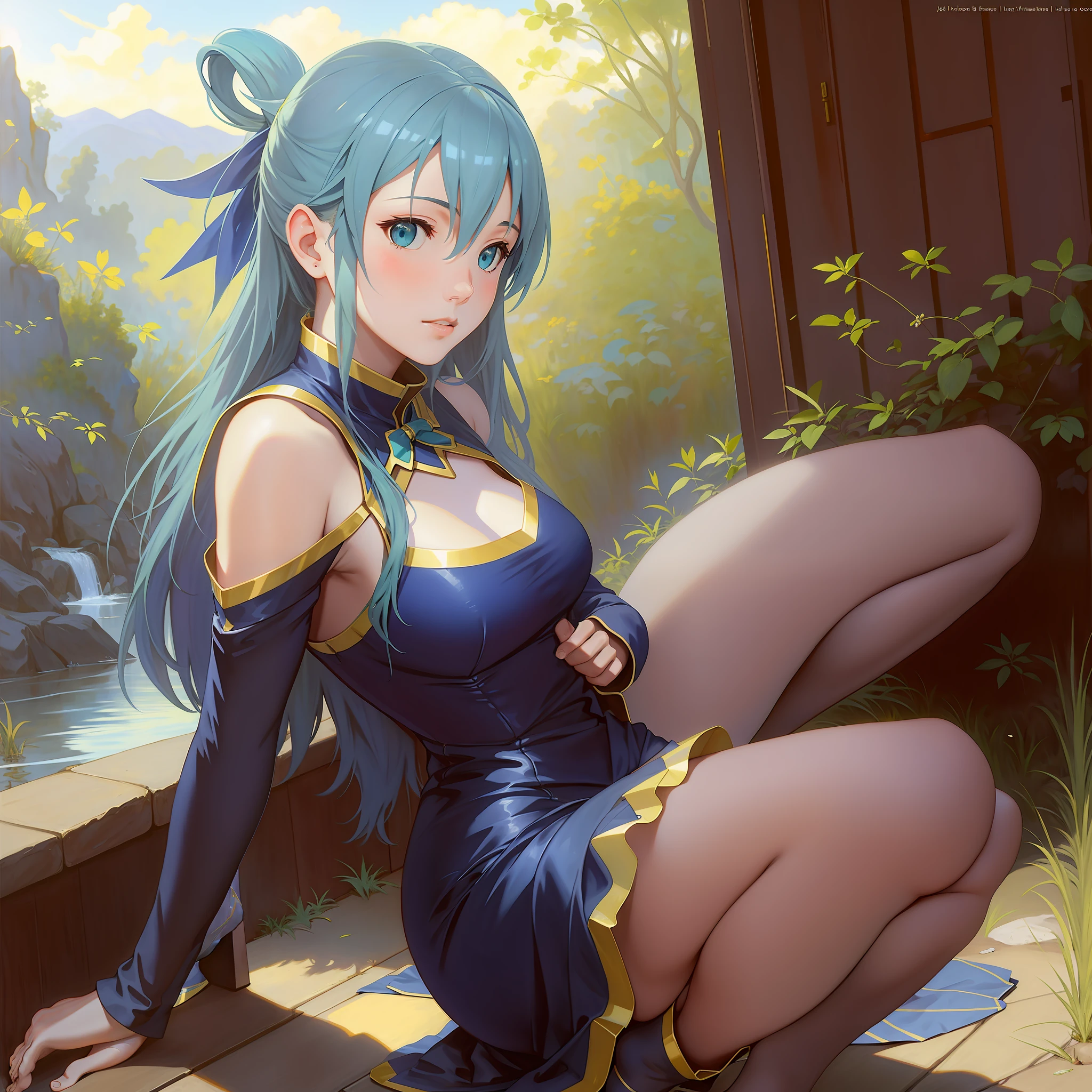 realistic photo of a 1girls,  aqua \(konosuba\), squatting, legs spread, by Jeremy Lipking, by William Bouguereau, (by Alphonse Mucha:0.5), by koohiitei shinbo