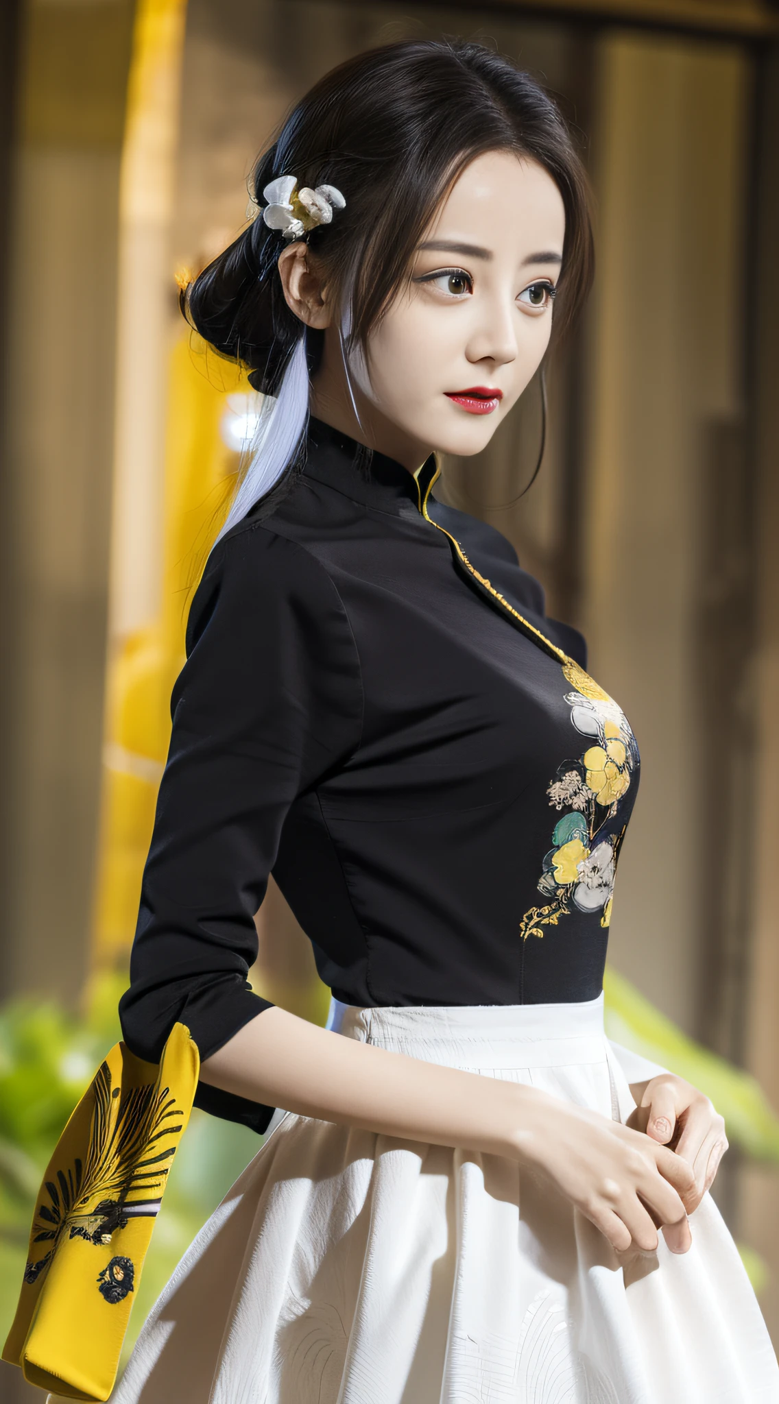 Best quality, masterpiece, high resolution, 1girl, Chinese dress, (Hanfu, Exposed, black short, yellow with white linen skirt, round neck, folded collar)