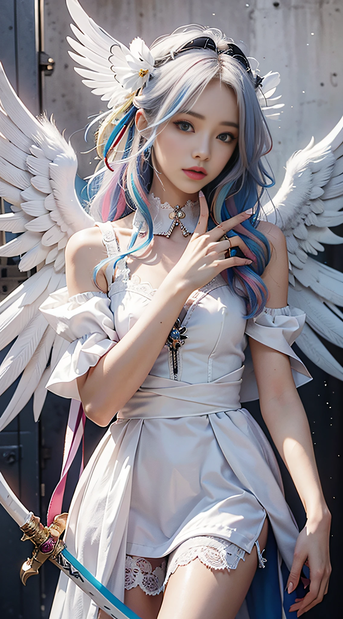 +1 angel ,white wing,colorful hair ,colorful clothing ,Angel Sword