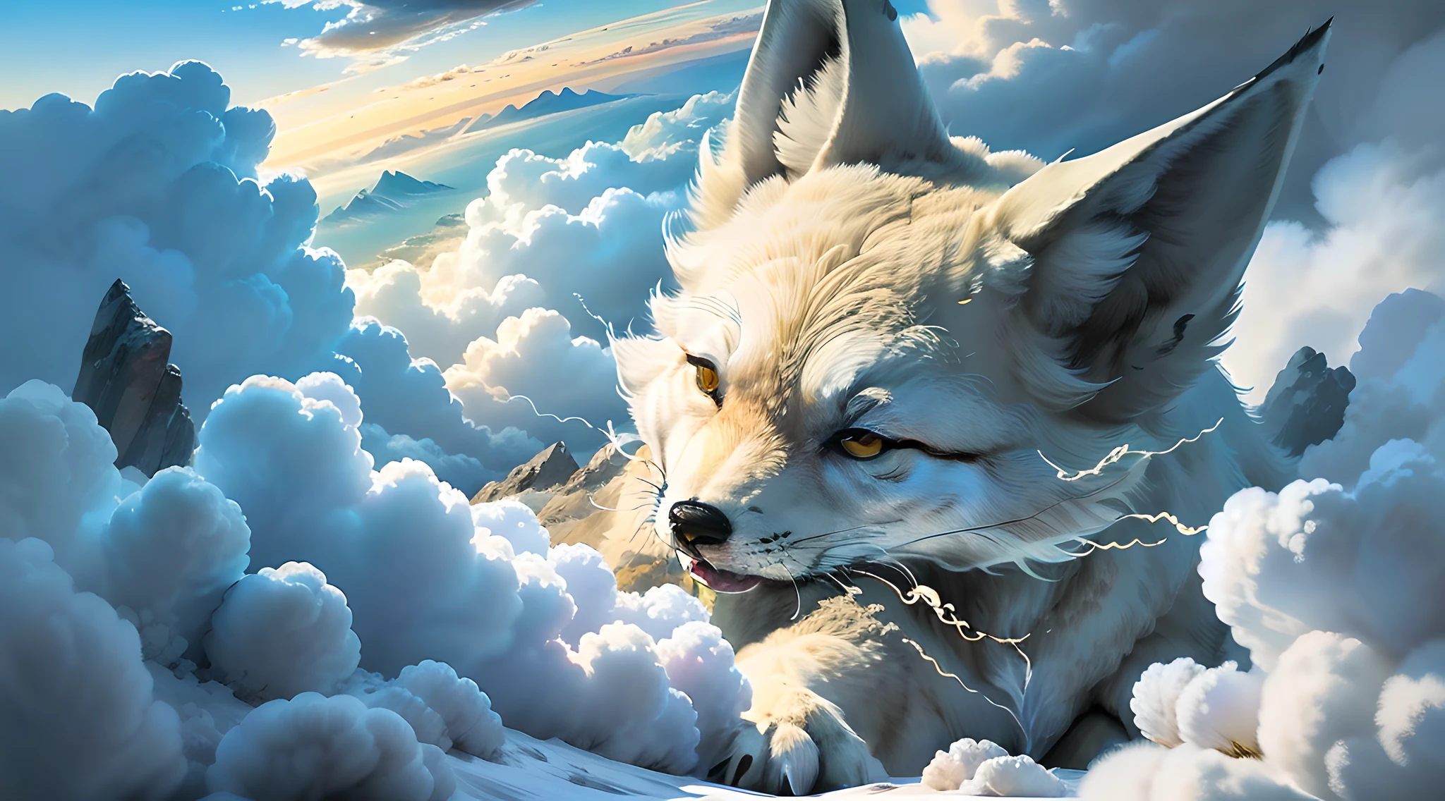 Animals, super huge white fox, nine tails, tumbling heavy sea of clouds at your feet, high mountains, stereoscopic perspective, master works, super fine, 4k resolution, high quality, cinematic lighting, high picture detail, dynamic viewing angle, detailed, epic shooting