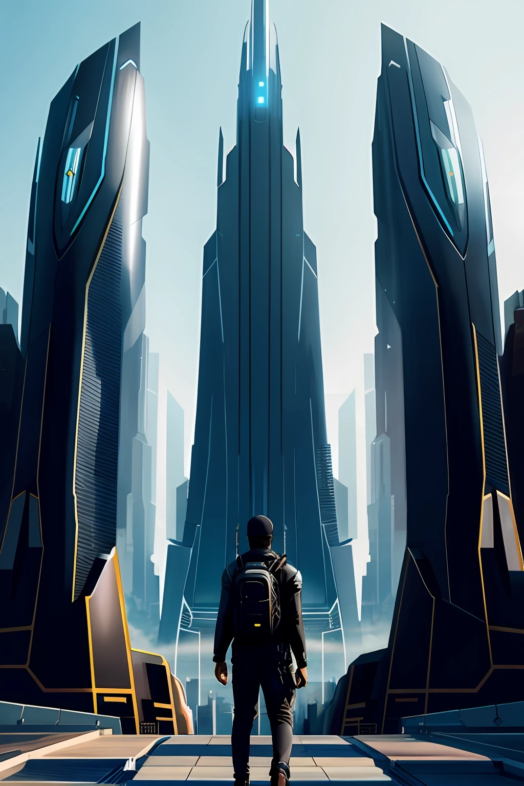 A black character in a beautiful landscape of a futuristic city