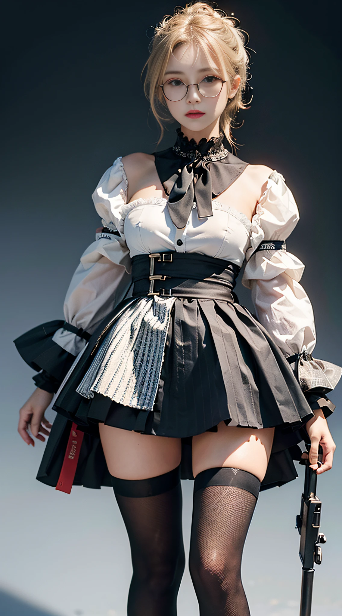 +(((masterpiece))), best quality, ultra-detailed, extremely detailed CG unity 8k wallpaper,best illustration, an extremely delicate and beautiful,floating,high resolution, close up portrait, full body, exquisite facial features, prefect face, 1girl, full body, looking at viewer, solo focus, hair scrunchie, bespectacled, blonde hair, standing, holding a gun, gloves, long sleeves, coat, wrist cuffs, dress shirt, skirt