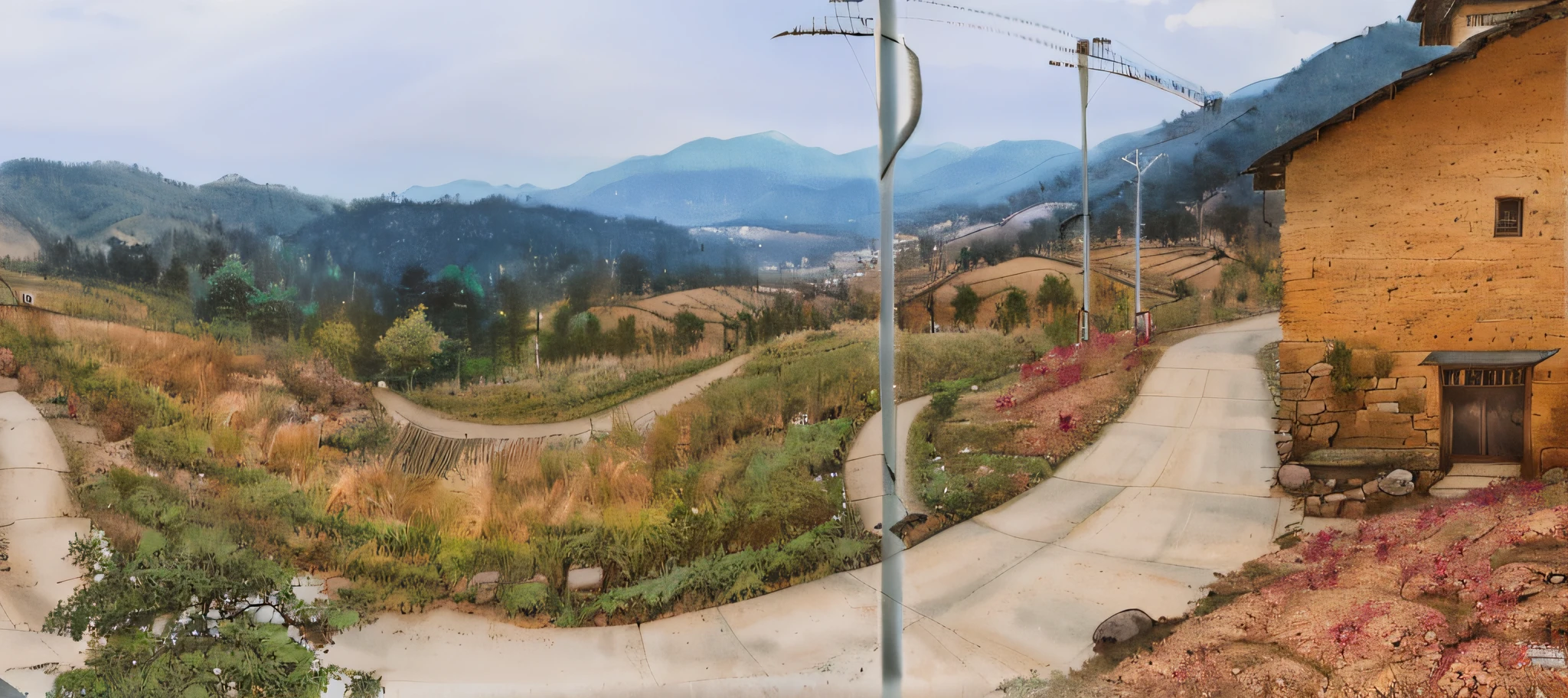View of a path on the mountain, panoramic vista, panorama, hills in the background, mountains in the distance, 8 K. fill view, panoramic shot, panoramic shot, panorama, hills in the background, wide angle landscape shot, landscape view, village in the background