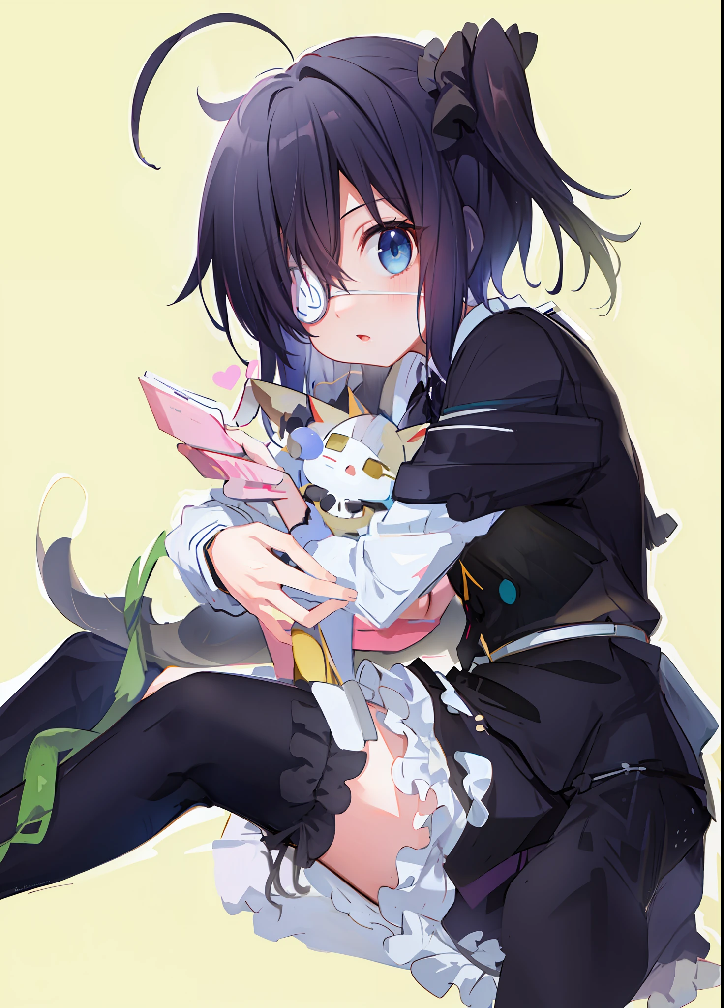 high res, masterpiece,Rikka Takanashi, black hair, solo, 1girl,outside,deatailed background, detailed eyes, ((blue eyes)), eyepatch