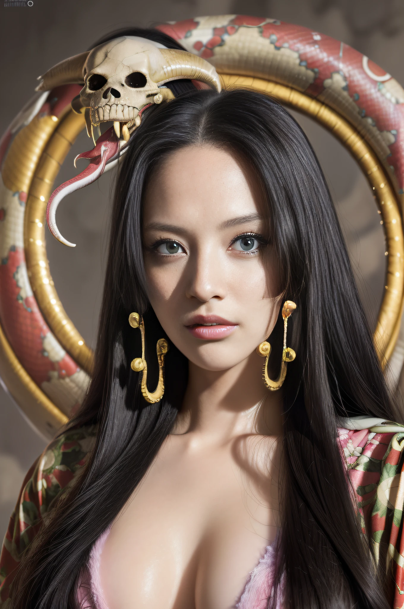 (((masterpiece+best quality+high resolution+ultra-detailed))), boa hancock, long silky black hair, high nose, sharp eyes, noble and inviolable temperament, (([female]: 1.2 + [beauty]: 1.2 + black long hair: 1.2)), snake_skull background, bright eyes, dynamic angle and posture.