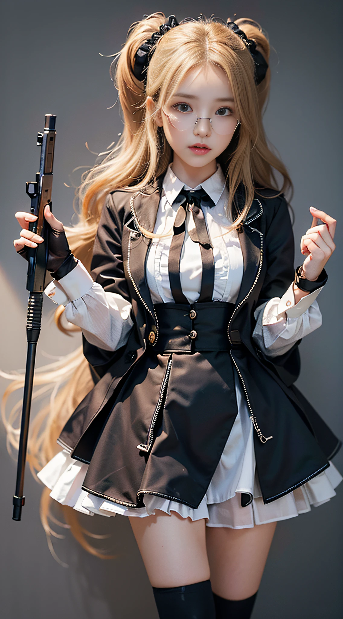 +(((masterpiece))), best quality, ultra-detailed, extremely detailed CG unity 8k wallpaper,best illustration, an extremely delicate and beautiful,floating,high resolution, close up portrait, full body, exquisite facial features, prefect face, 1girl, full body, looking at viewer, solo focus, hair scrunchie, bespectacled, blonde hair, standing, holding a gun, gloves, long sleeves, coat, wrist cuffs, dress shirt, skirt