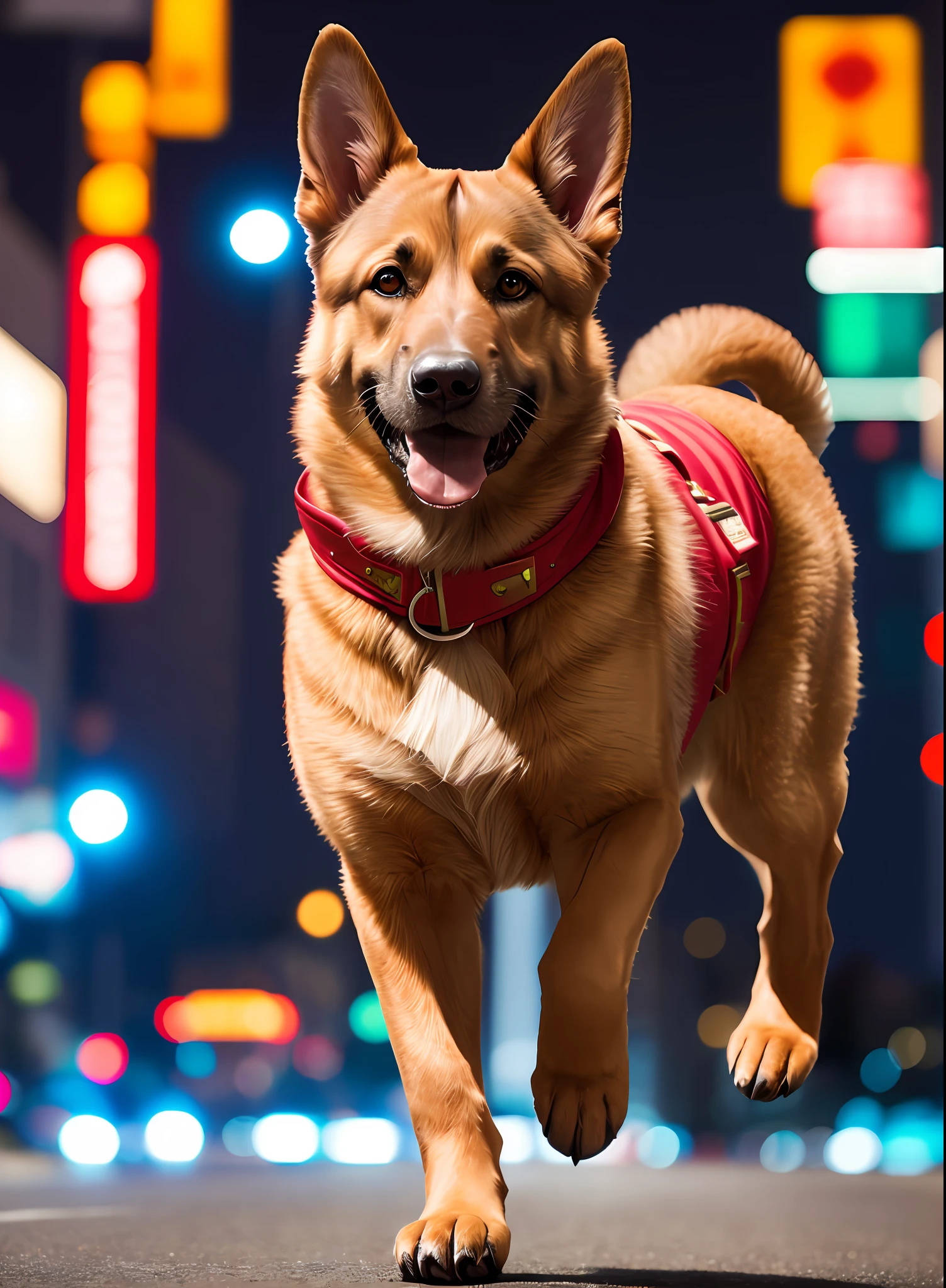 German Shepherd x The Flash 2023 red suit (masterpiece:1.2) (photorealistic:1.2) best quality) (detailed skin:1.3) (intricate details), running, cute, happy, (cinematic:1.2), background night city, (bokeh:1.2) ( (8k) (HDR) (cinematic lighting) (sharp focus)