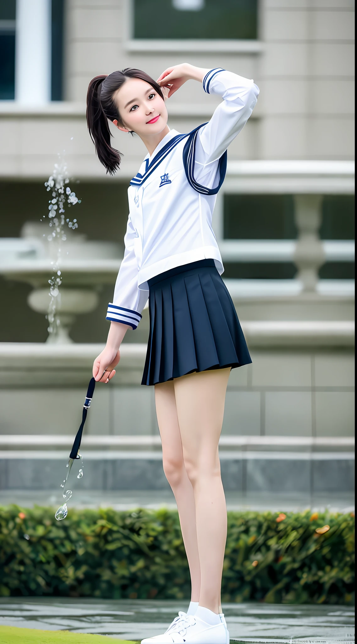 Realistic photos of shoulder length hair, ponytail, thin makeup, (small), fountain, clear facial features, 8K high resolution, sharp and realistic details, full body, high school uniform, white skin, white sailor suit, mini skirt, pleated skirt, f/4.0, 135mm, Fujifilm, jpeg artifact, dithering, UHD, masterpiece, wind, cherry, blur, ( skirt lift), pinch the hem of the skirt with your hands, pull it up cutely, soaked, rainy,