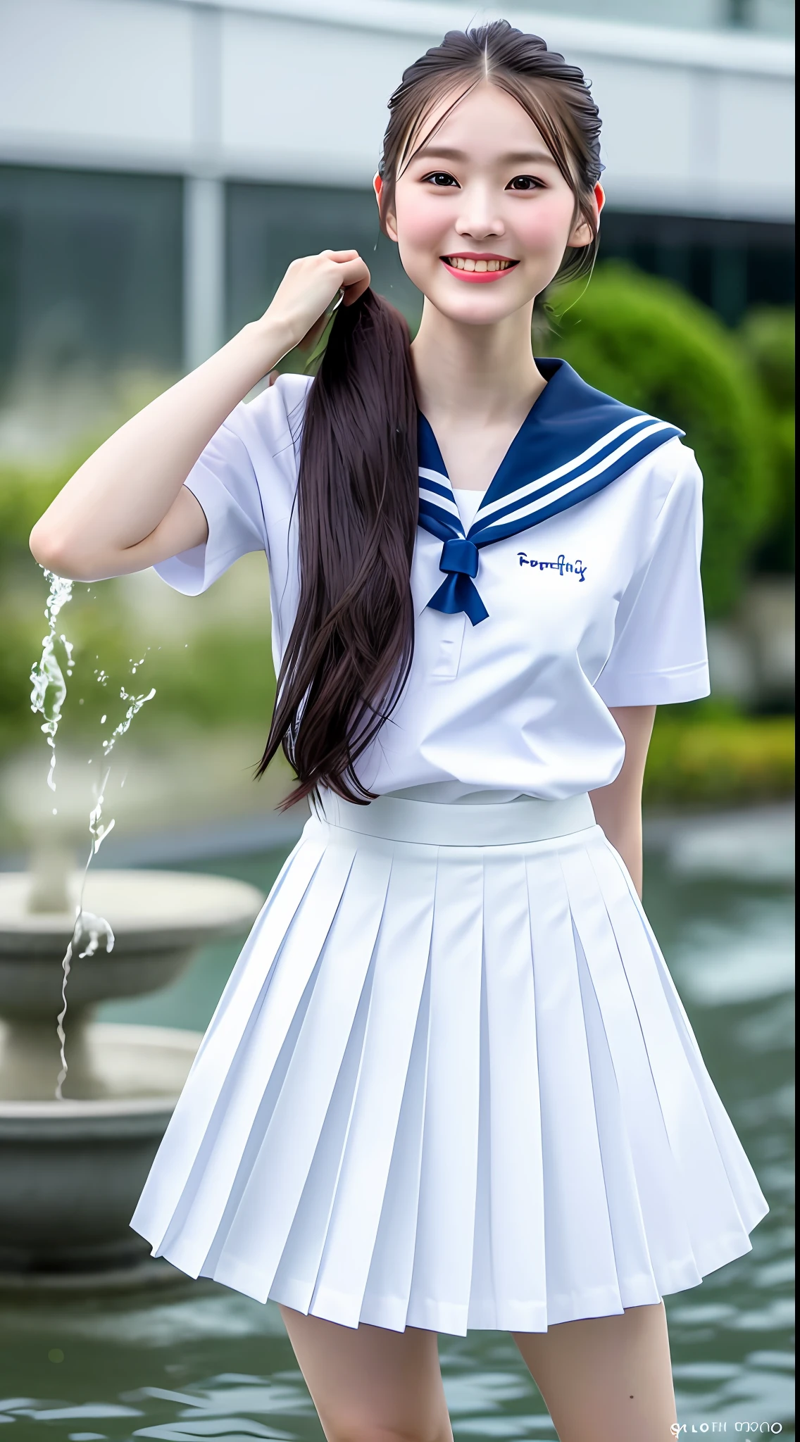 Realistic photos of shoulder length hair, ponytail, thin makeup, (small), fountain, clear facial features, 8K high resolution, sharp and realistic details, full body, high school uniform, white skin, white sailor suit, mini skirt, pleated skirt, f/4.0, 135mm, Fujifilm, jpeg artifact, dithering, UHD, masterpiece, wind, cherry, blur, ( skirt lift), pinch the hem of the skirt with your hands, pull it up cutely, soaked, rainy,