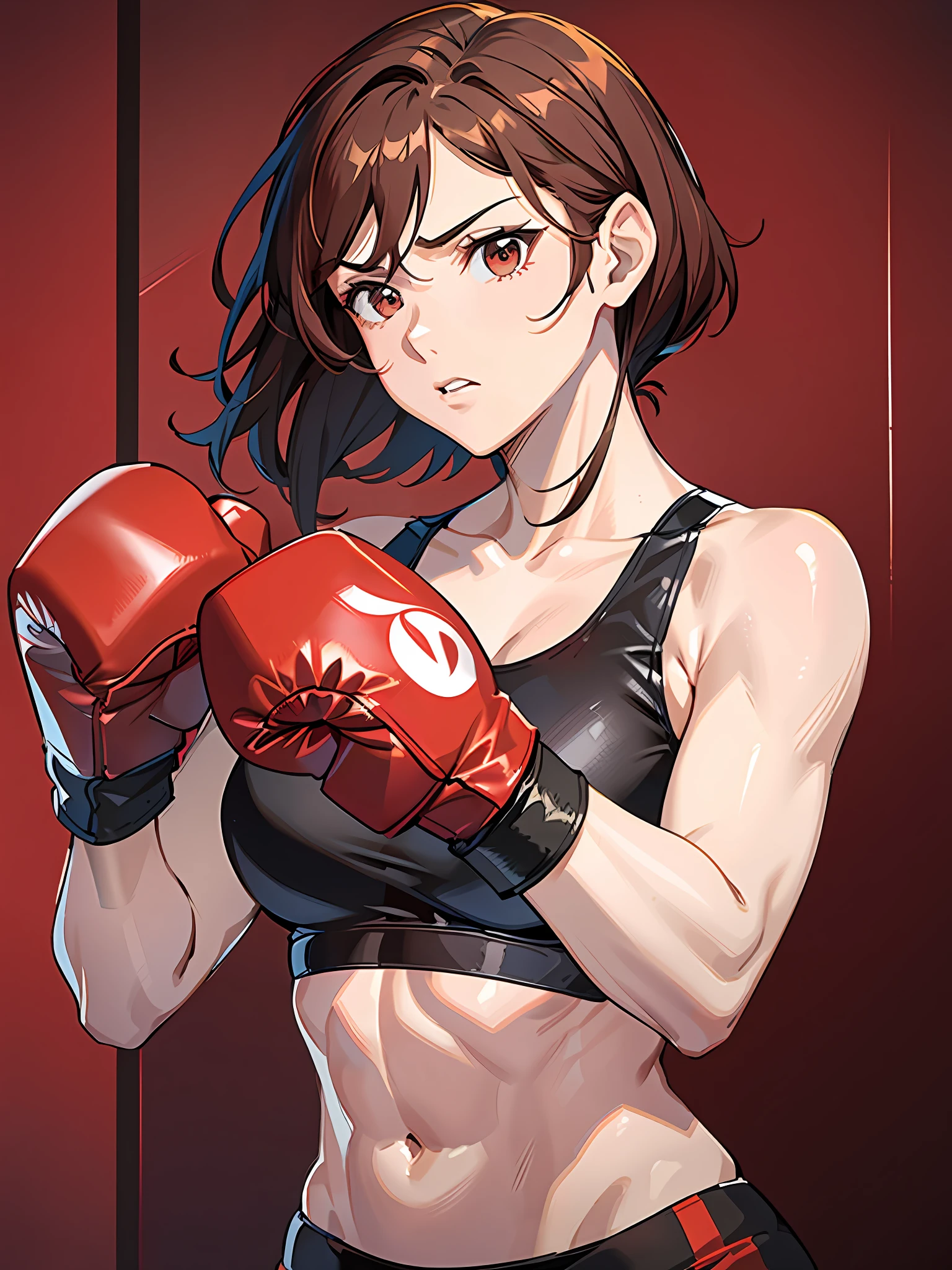 Mature boxer. Her hair color is reddish brown. Shortcut. He's wearing red boxing gloves. Wearing a black sports bra. Calm look. Muscle. ((One woman)). Ready to fight. Make a fist. Well-shaped boxing gloves. ((Punching)). He half-hides his face with his boxing gloves. Guard. defense
