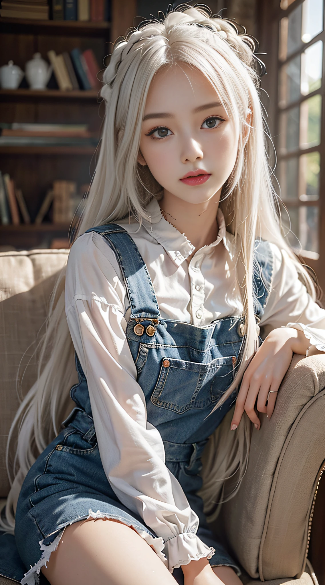 +Masterpiece, best quality, super detailed, a schoolgirl, beautiful face, rich details, (long white hair), perfect face, overalls, sitting, close-up, shabby sofa