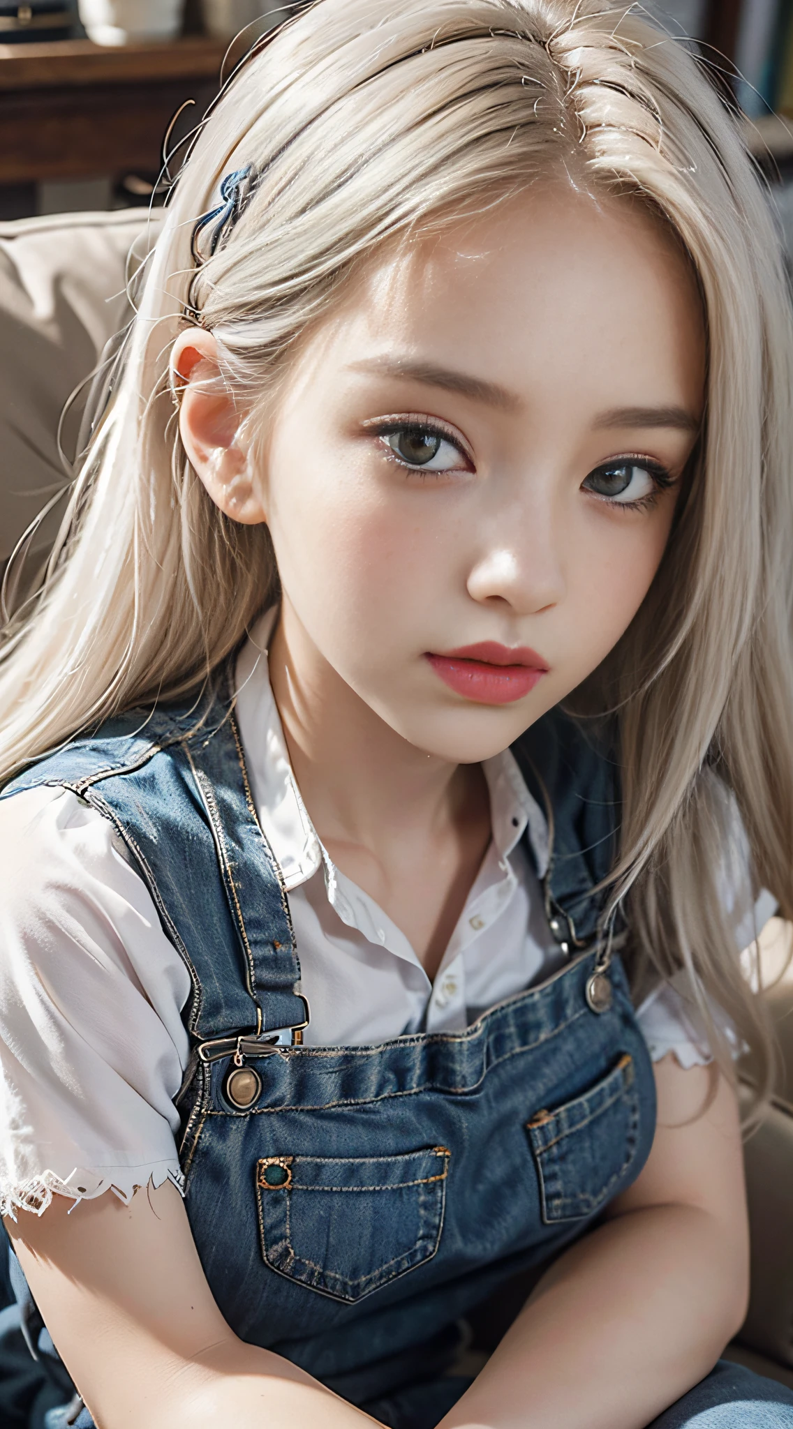 +Masterpiece, best quality, super detailed, a schoolgirl, beautiful face, rich details, (long white hair), perfect face, overalls, sitting, close-up, shabby sofa