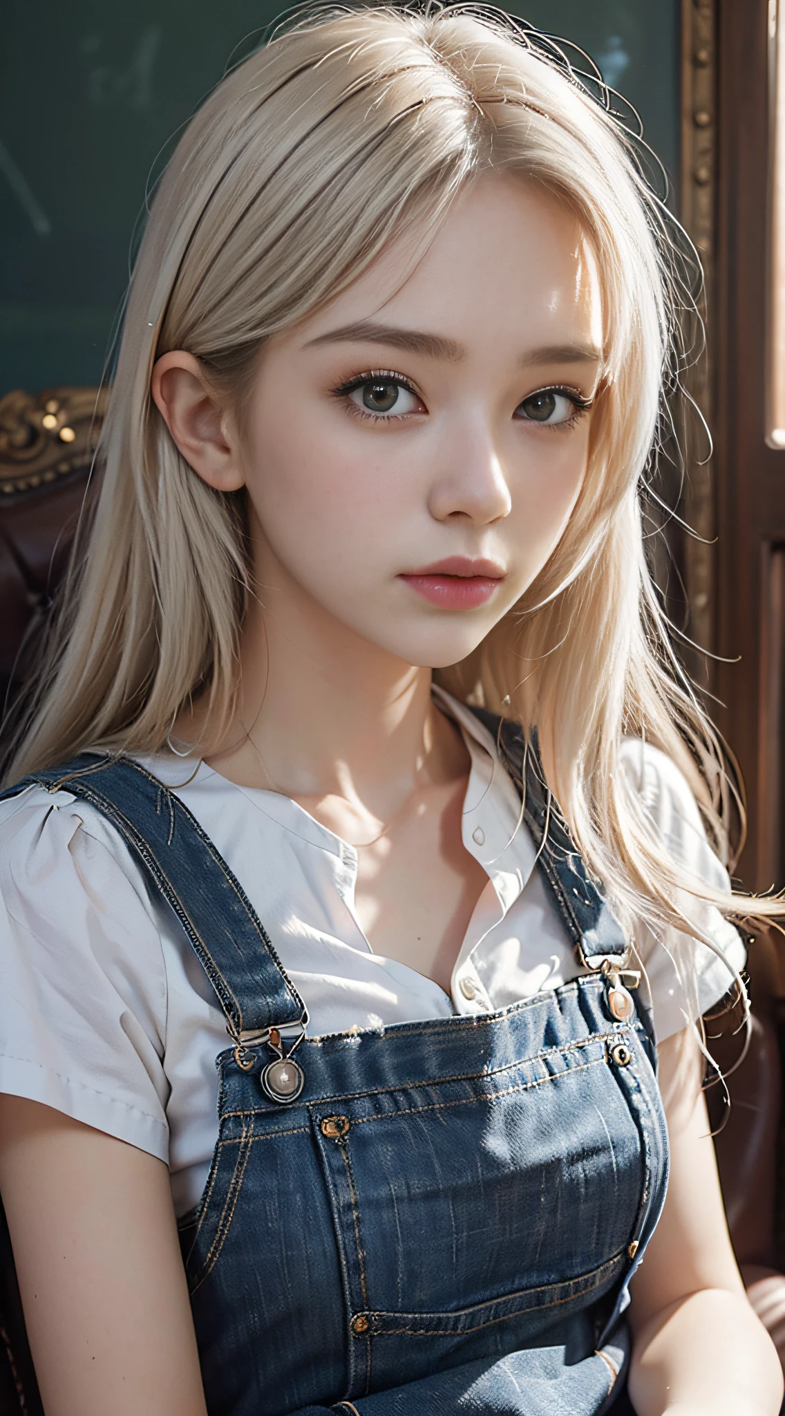 +Masterpiece, best quality, super detailed, a schoolgirl, beautiful face, rich details, (long white hair), perfect face, overalls, sitting, close-up, shabby sofa