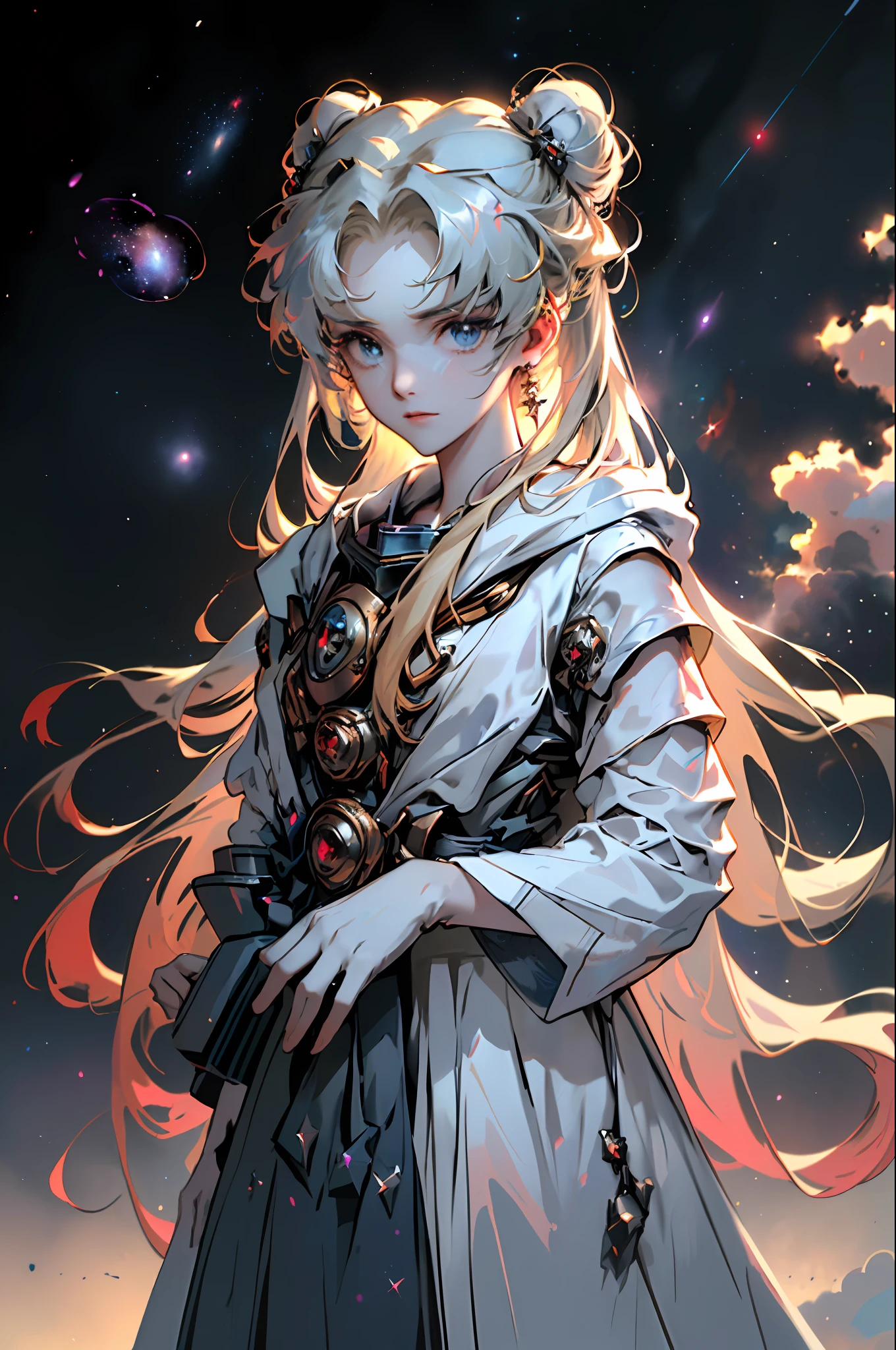((masterpiece)), (((best quality))), ((ultra-detailed)), ((illustration)),[realism light effect],shadow,(Fantasy style),(white background:1.6), simple background, (earth theme),(a cloak)[(hair focus,((1girl)),[(big slime hair): (cloud hair):0.3], (hair on background),(high saturation),(hair surrounded by galaxy splashes),)):((her hair is becoming galaxy clouds,:1.27628), (hair and clothes is galaxy clouds and cluster of stars:1.1025),(a cloak is becoming galaxy clouds)(colorful_galaxy_print_clusters_of_stars_print:1.35),((detailed starry sky with colorful galaxy and galaxy clouds):1.2)):0.35], (((masterpiece))),(((best quality))),((ultra-detailed)),(illustration),(dynamic angle),((floating)),(paint),((disheveled hair)),((beautiful detailed face)),collar,bare shoulders, ((colorful hair)),((streaked hair)),beautiful detailed eyes,(Gradient color eyes),(((colorful eyes))),(((colorful background))),(((high saturation))),(((surrounded by colorful splashes))),(((surrounded by colorful dot))),colorful bubble,((shining)),