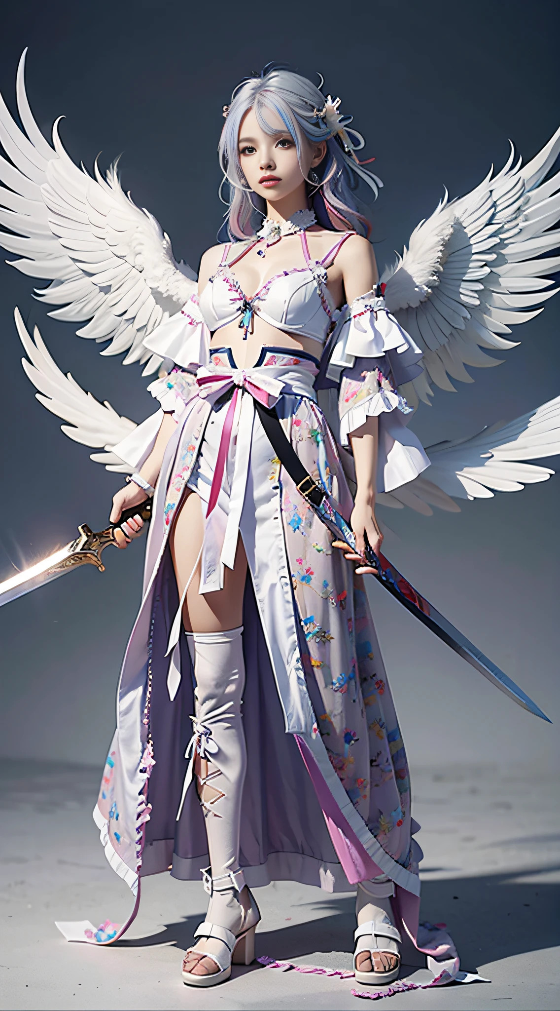 +1 angel ,white wing,colorful hair ,colorful clothing ,Angel Sword