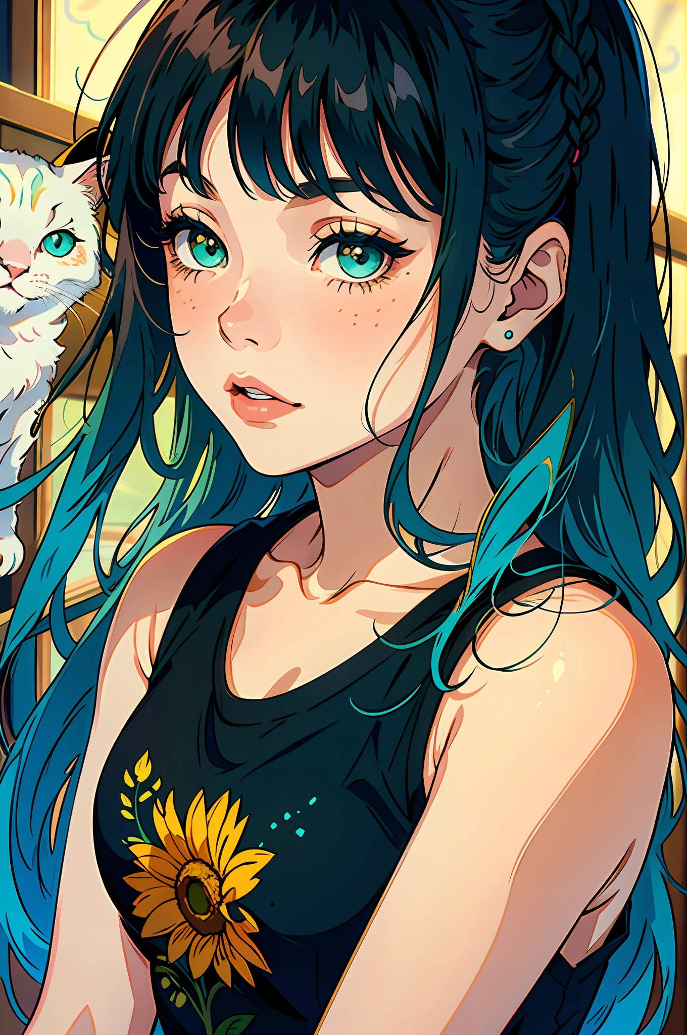 A green-eyed girl with long gradient hair and bangs wearing a sleeveless top and holding a white cat in her hand, illuminated by stunning Ultra HD studio lighting reminiscent of Paramount against a beautiful backdrop. Her hair outlines her face and has a flair for fashion that adds to her charm. The illustration style draws inspiration from the contemporary and energetic work of Audrey Kawasaki, who is known for her ethereal and emotional illustrations. The color palette combines warm earth tones with the pop of complementary colors to create visually appealing compositions. The camera angle captures the girl's natural and relaxed posture, showcasing her effortless beauty in a well-crafted studio setting.