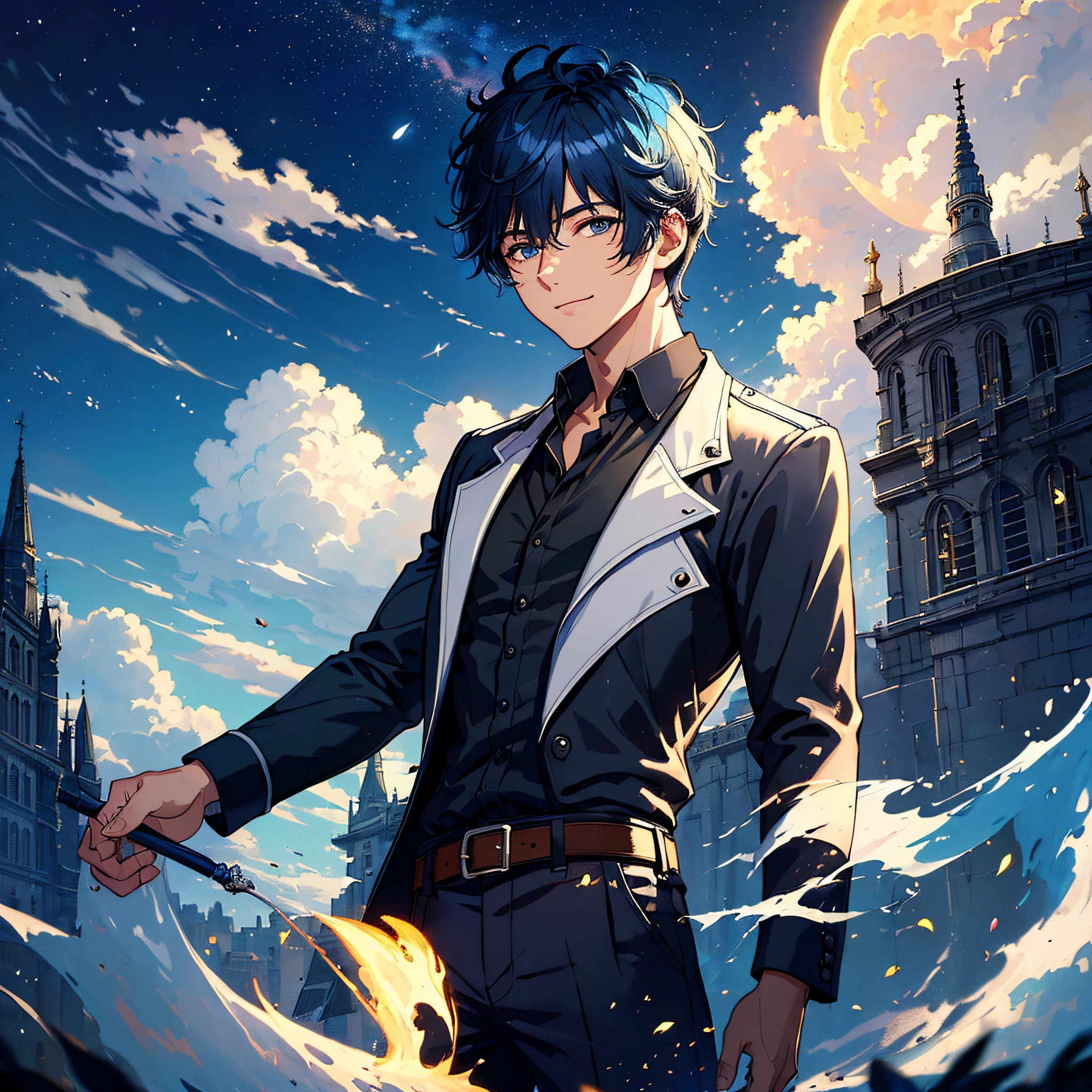 (masterpiece:1.5), (ultra-detailed), (extremely detailed CG, ultra-detailed, best shadow:1.1), 1boy, solo, night sky, outdoors, moon, stars, clouds, short hair, (blue hair), dress shirt, (black shirt), extremely detailed eyes, shadow on face, light smile, looking at viewer, mysterious, hyper detailed, texture, detail, realism, depth, perspective, special effects, composition, scale, foreground, middle ground, background, perspective, light, color, texture, detail, beauty, wonder, mature young man, city