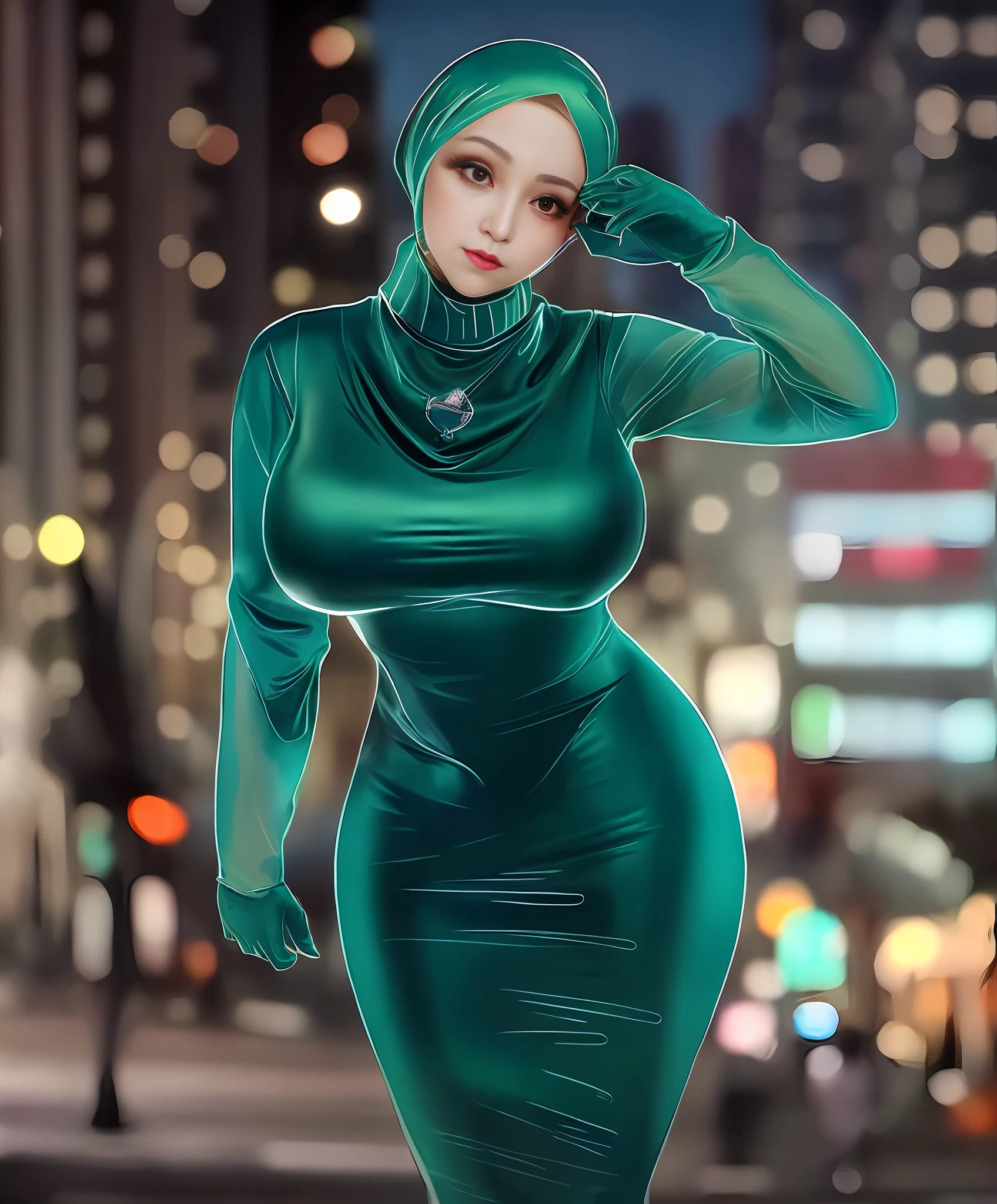 Silk hijab girl, tosca silk dress, soft tosca silk hijab, shinny clothes, dark bokeh city background