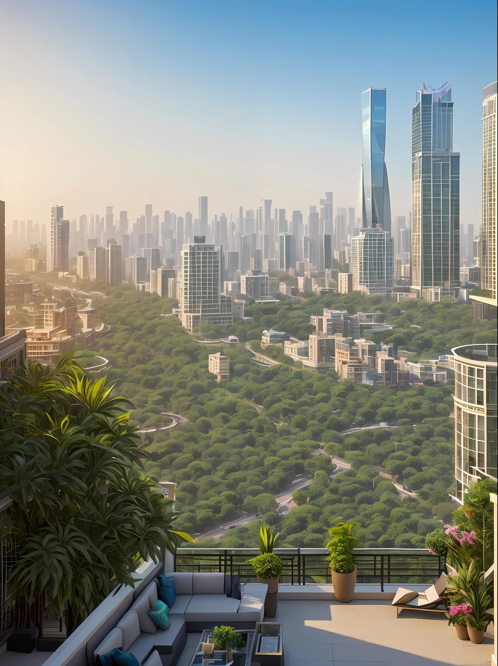 araffe balcony with a view of a city and a few plants, a detailed matte painting by Joseph Severn, shutterstock, renaissance, overlooking a modern city, skyline view from a rooftop, shot with sony alpha 1 camera, balcony, city rooftop, golden hour in beijing, beautiful futuristic new delhi, outdoors tropical cityscape, photo taken with sony a7r camera