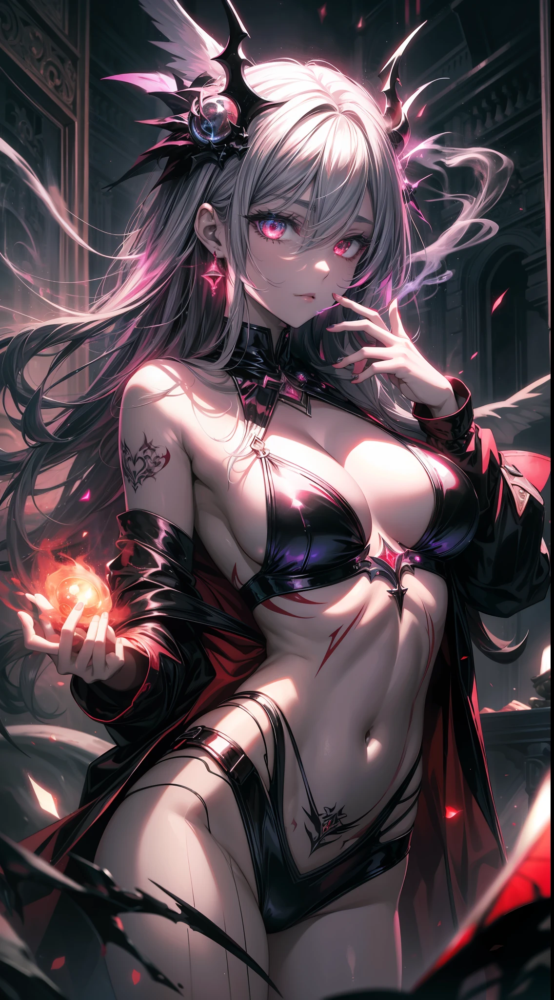 16K, HDR, absurdres, best quality masterpiece, dark magic fantasy, incredible, amazing, awesome, beautiful, 1girl, solo, perfect anatomy, flawless, sexy succubus summoned in my room, anagrams, magic seals, magic circles on the walls, dark ambience, seductive, sensual, glowing eyes, demon tattoos, sexy pose, neon lights, night time, mystical smoke, hot, red theme, light particle effects