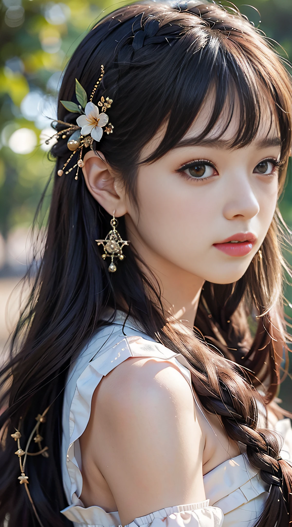 +(Master masterpiece), top cg, best quality, (portrait), 7 points portrait, facing the audience, a very beautiful girl, oriental beauty, fairy, slim, red Hanfu, embroidery, (beautiful and meticulous face), peerless face, exquisite and beautiful facial features, exquisite light makeup, long hair messy flying, big braided eyes, thin lips, soft, hair accessories, fringes, long black hair, air bangs. Looking at the audience from the front, delicate ears, light particles, sunshine, blush, clean and blurred background, depth of field