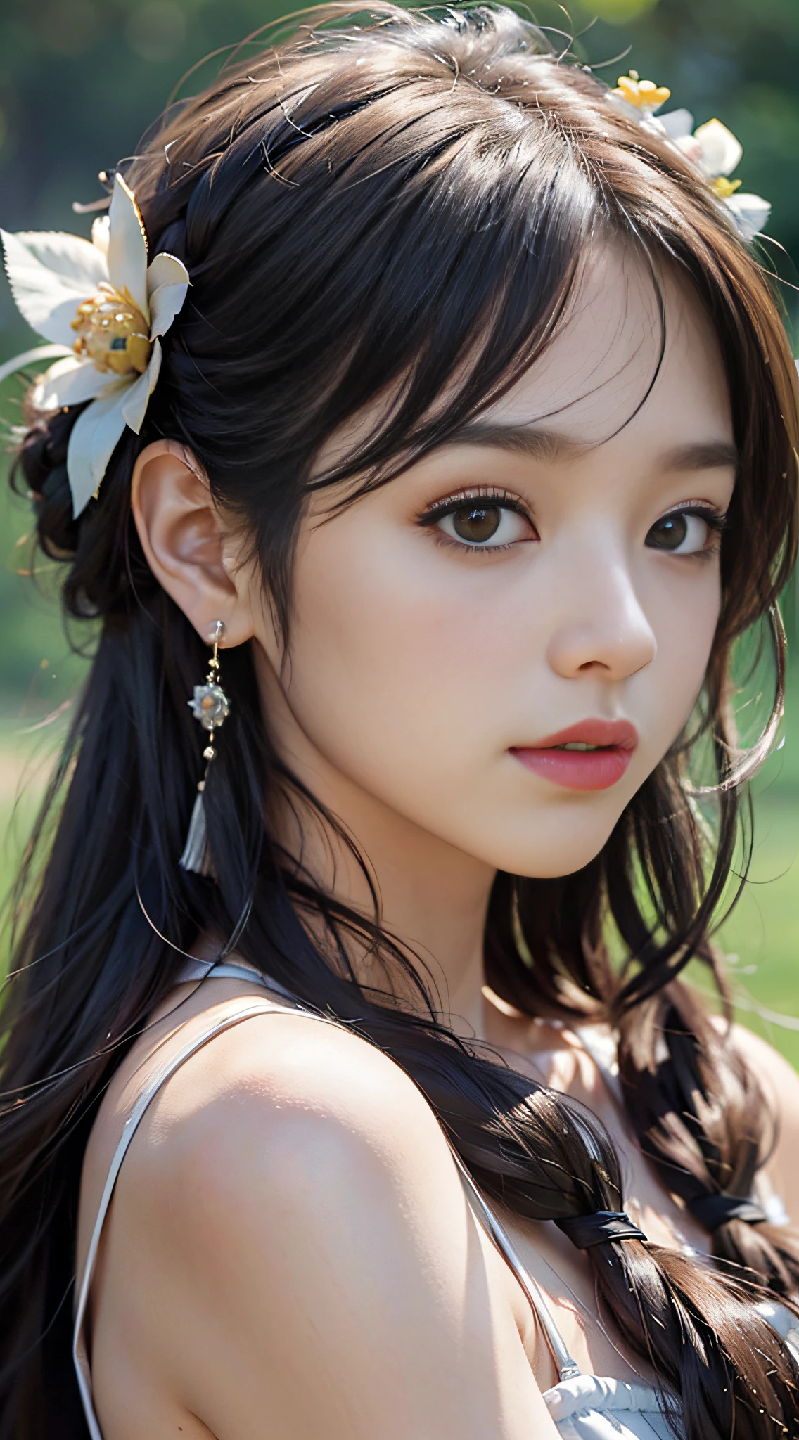 +(Master masterpiece), top cg, best quality, (portrait), 7 points portrait, facing the audience, a very beautiful girl, oriental beauty, fairy, slim, red Hanfu, embroidery, (beautiful and meticulous face), peerless face, exquisite and beautiful facial features, exquisite light makeup, long hair messy flying, big braided eyes, thin lips, soft, hair accessories, fringes, long black hair, air bangs. Looking at the audience from the front, delicate ears, light particles, sunshine, blush, clean and blurred background, depth of field