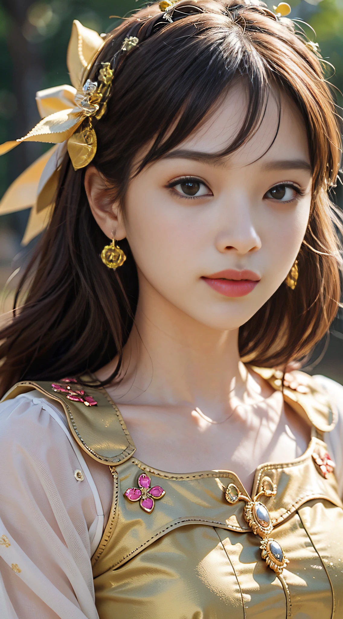 +One (((Girls))), highest quality, golden atmosphere, minority clothing, yellow, no bangs, reddish-brown eyes, flower clothing, 4k image quality, three-dimensional facial features, golden atmosphere, dynamic wide angle, many elements, sparkling, mouth corner slightly warped, peerless beauty, breeze blowing, hair fluttering, exquisite accessories, sun shining, neat hair, clean scene, gorgeous clothes