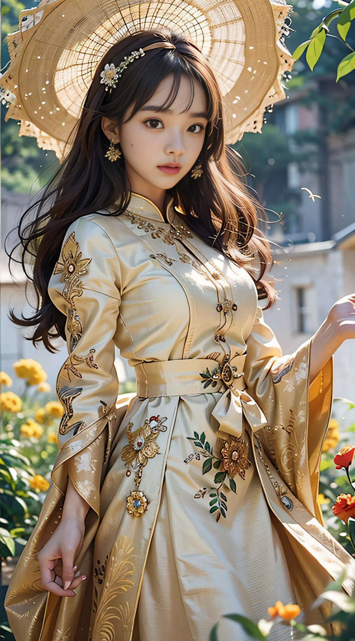 +One (((Girls))), highest quality, golden atmosphere, minority clothing, yellow, no bangs, reddish-brown eyes, flower clothing, 4k image quality, three-dimensional facial features, golden atmosphere, dynamic wide angle, many elements, sparkling, mouth corner slightly warped, peerless beauty, breeze blowing, hair fluttering, exquisite accessories, sun shining, neat hair, clean scene, gorgeous clothes