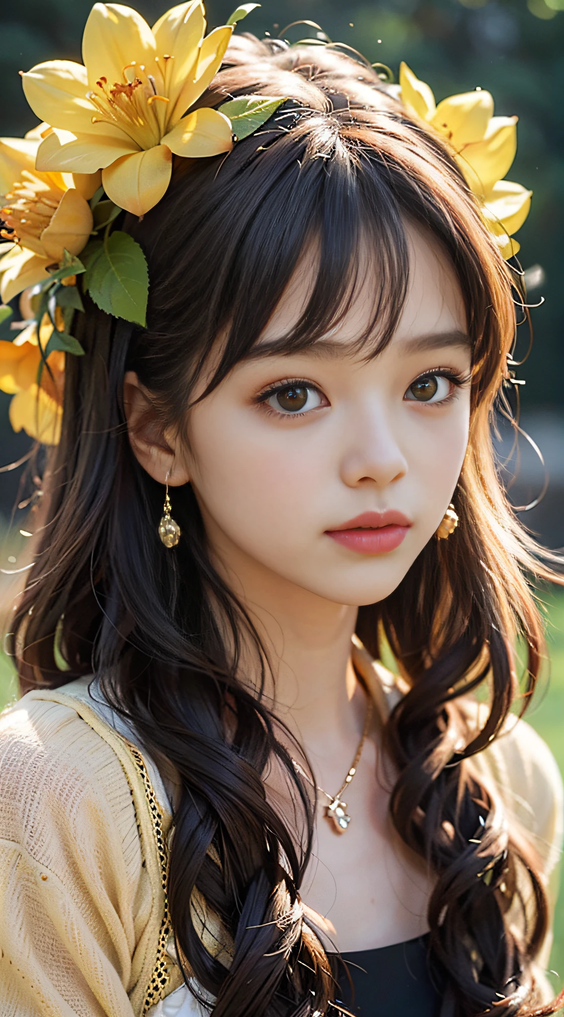 +One (((Girls))), highest quality, golden atmosphere, minority clothing, yellow, no bangs, reddish-brown eyes, flower clothing, 4k image quality, three-dimensional facial features, golden atmosphere, dynamic wide angle, many elements, sparkling, mouth corner slightly warped, peerless beauty, breeze blowing, hair fluttering, exquisite accessories, sun shining, neat hair, clean scene, gorgeous clothes