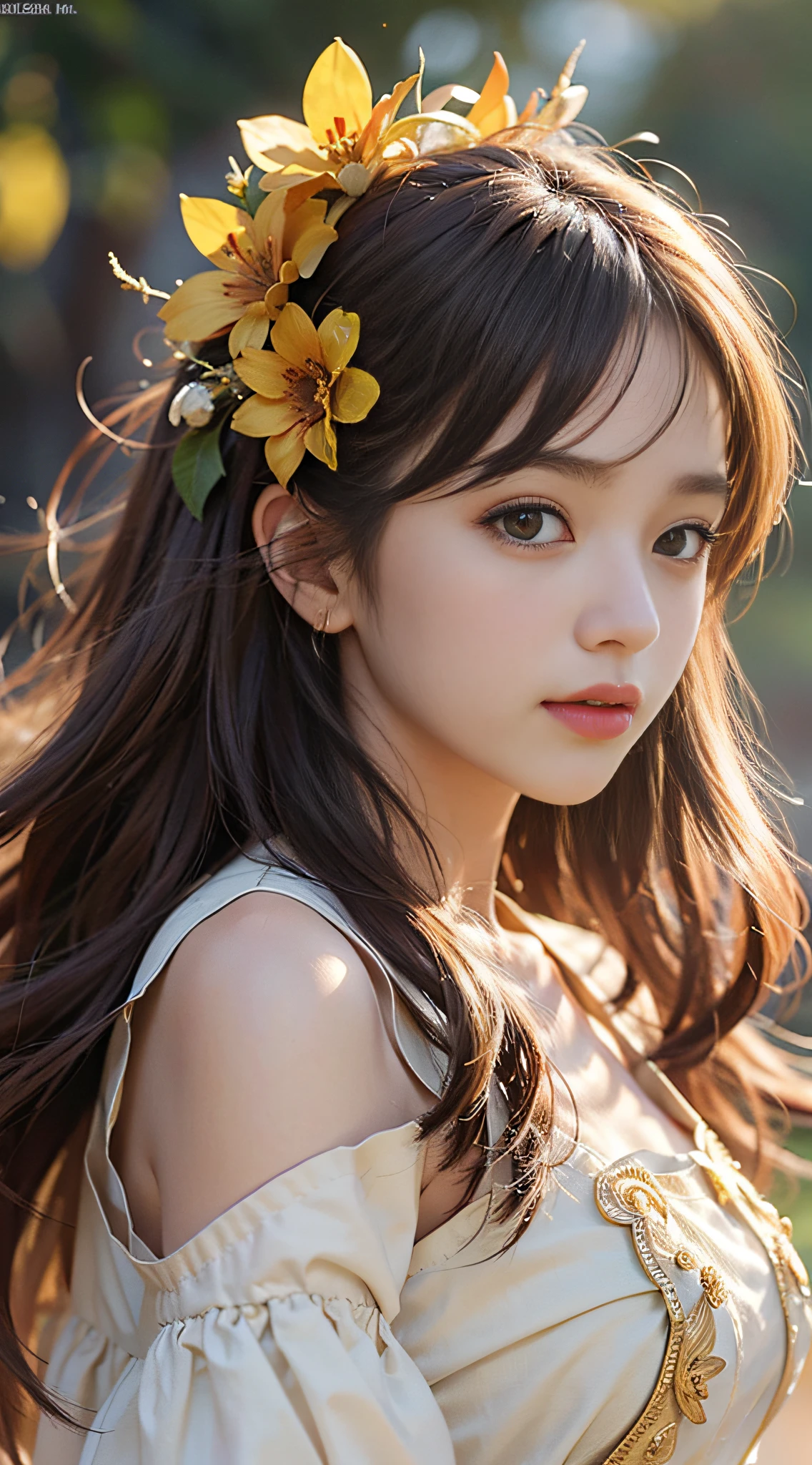 +One (((Girls))), highest quality, golden atmosphere, minority clothing, yellow, no bangs, reddish-brown eyes, flower clothing, 4k image quality, three-dimensional facial features, golden atmosphere, dynamic wide angle, many elements, sparkling, mouth corner slightly warped, peerless beauty, breeze blowing, hair fluttering, exquisite accessories, sun shining, neat hair, clean scene, gorgeous clothes