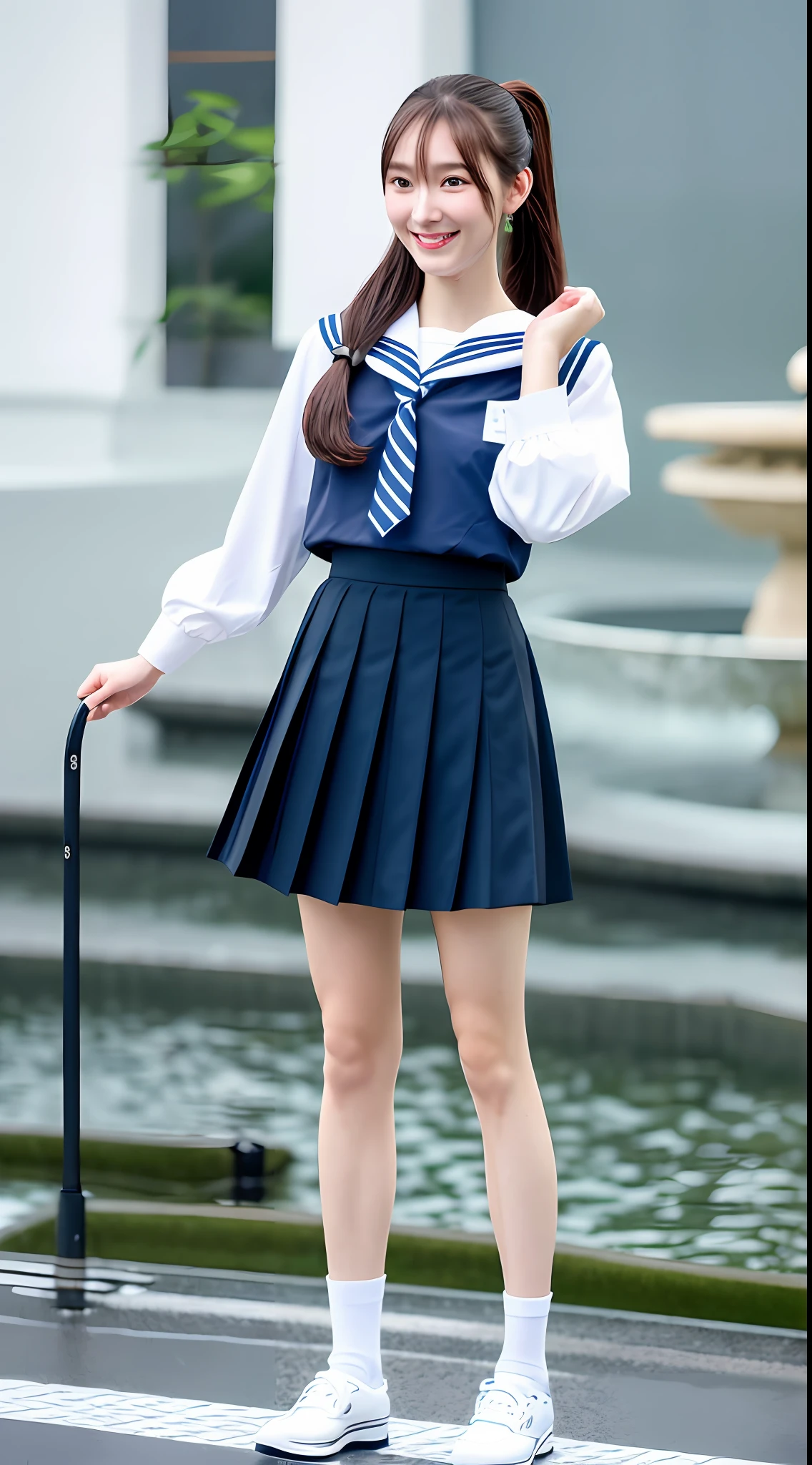 Realistic photos of shoulder length hair, ponytail, thin makeup, (small), fountain, clear facial features, 8K high resolution, sharp and realistic details, full body, high school uniform, white skin, white sailor suit, mini skirt, pleated skirt, f/4.0, 135mm, Fujifilm, jpeg artifact, dithering, UHD, masterpiece, wind, cherry, blur, ( skirt lift), pinch the hem of the skirt with your hands, pull it up cutely, soaked, rainy,