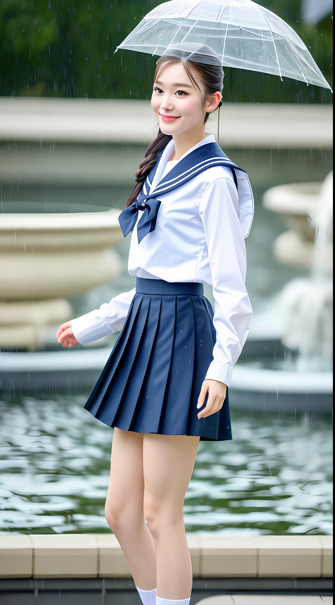 Realistic photos of shoulder length hair, ponytail, thin makeup, (small), fountain, clear facial features, 8K high resolution, sharp and realistic details, full body, high school uniform, white skin, white sailor suit, mini skirt, pleated skirt, f/4.0, 135mm, Fujifilm, jpeg artifact, dithering, UHD, masterpiece, wind, cherry, blur, ( skirt lift), pinch the hem of the skirt with your hands, pull it up cutely, soaked, rainy,