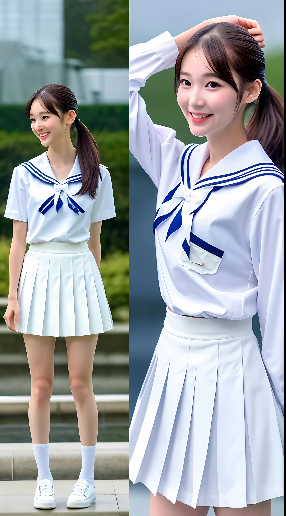 Realistic photos of shoulder length hair, ponytail, thin makeup, (small), fountain, clear facial features, 8K high resolution, sharp and realistic details, full body, high school uniform, white skin, white sailor suit, mini skirt, pleated skirt, f/4.0, 135mm, Fujifilm, jpeg artifact, dithering, UHD, masterpiece, wind, cherry, blur, ( skirt lift), pinch the hem of the skirt with your hands, pull it up cutely, soaked, rainy,