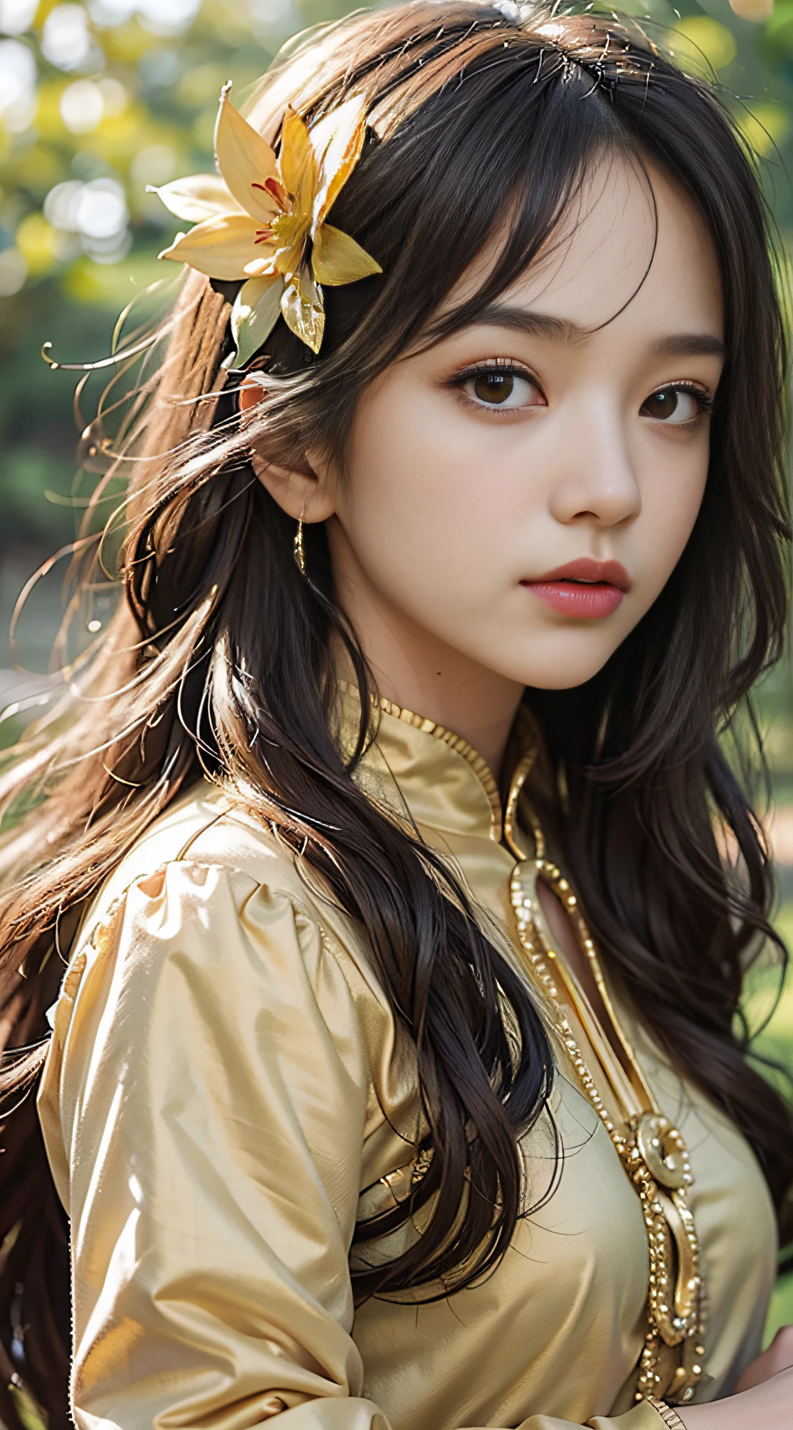 +One (((Girls))), highest quality, golden atmosphere, minority clothing, yellow, no bangs, reddish-brown eyes, flower clothing, 4k image quality, three-dimensional facial features, golden atmosphere, dynamic wide angle, many elements, sparkling, mouth corner slightly warped, peerless beauty, breeze blowing, hair fluttering, exquisite accessories, sun shining, neat hair, clean scene, gorgeous clothes